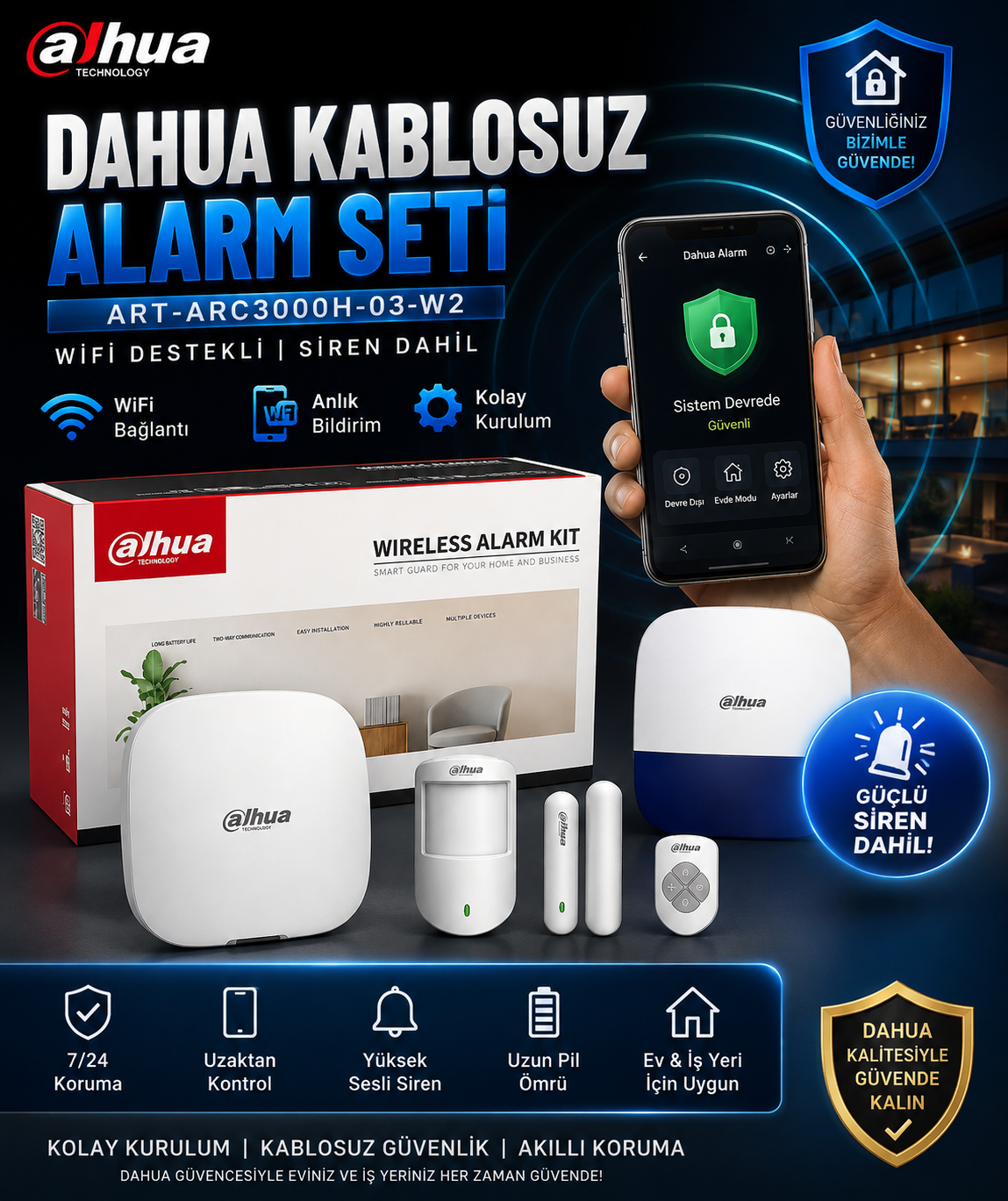 DAHUA KABLOSUZ ALARM SETİ WiFi DESTEKLİ SİREN DAHİL