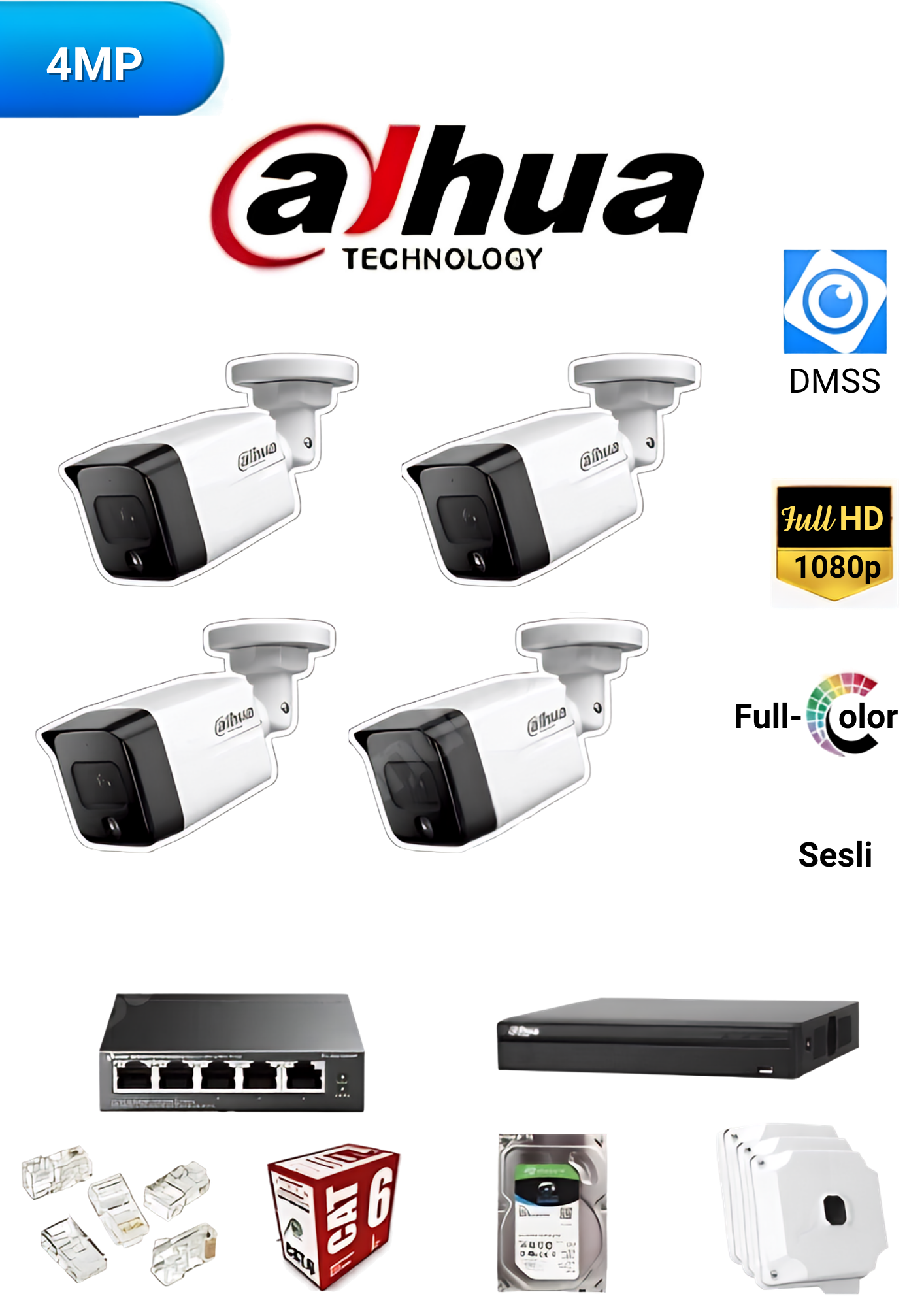 DAHUA IP 4 KAMERALI 2MP FULLCOLOR GÜVENLİK KAMERA SİSTEMİ
