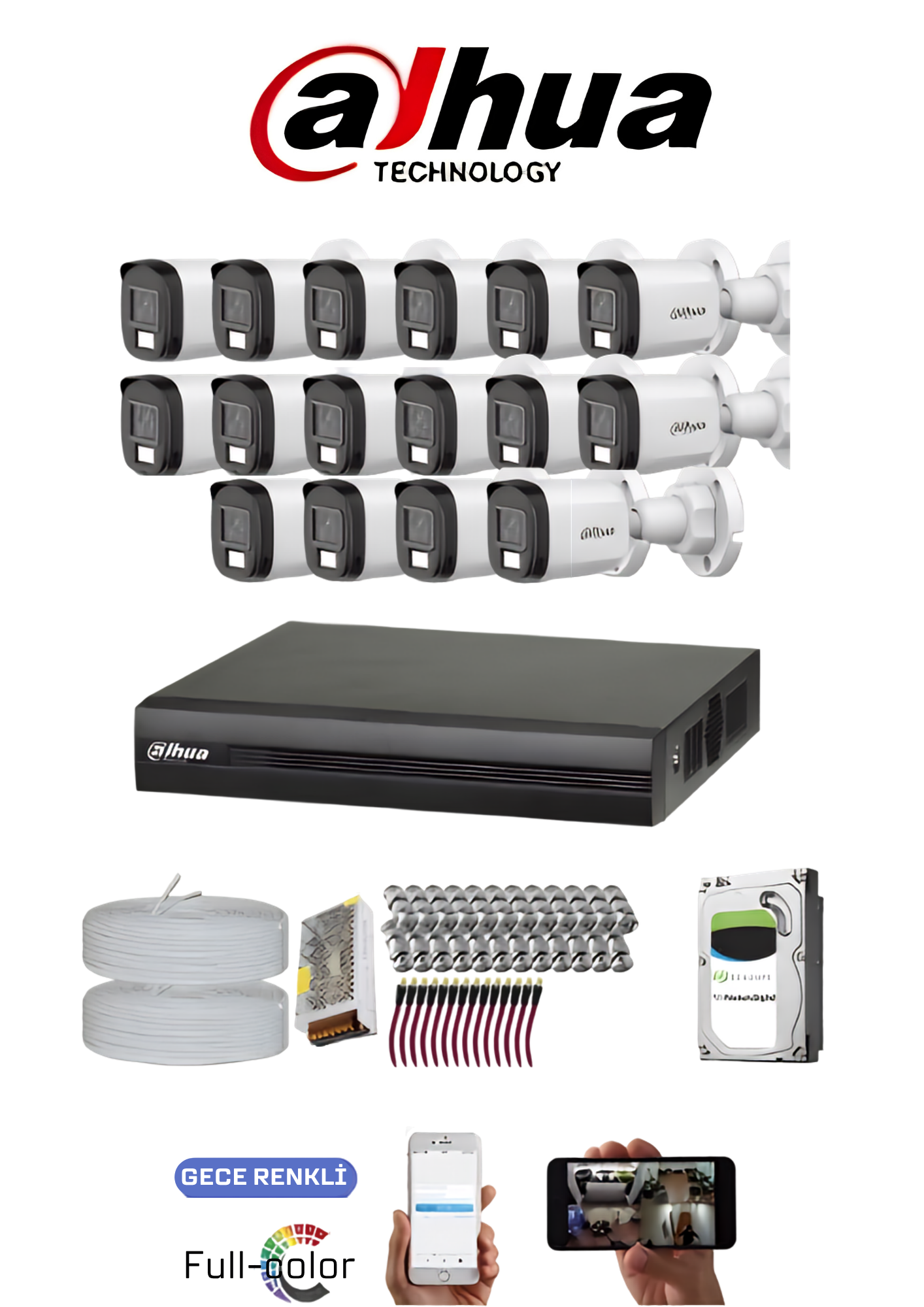 DAHUA 16 KAMERALI HDCVI FULL COLOR 7/24 RENKLİ KAMERA SETİ 1TB HDD