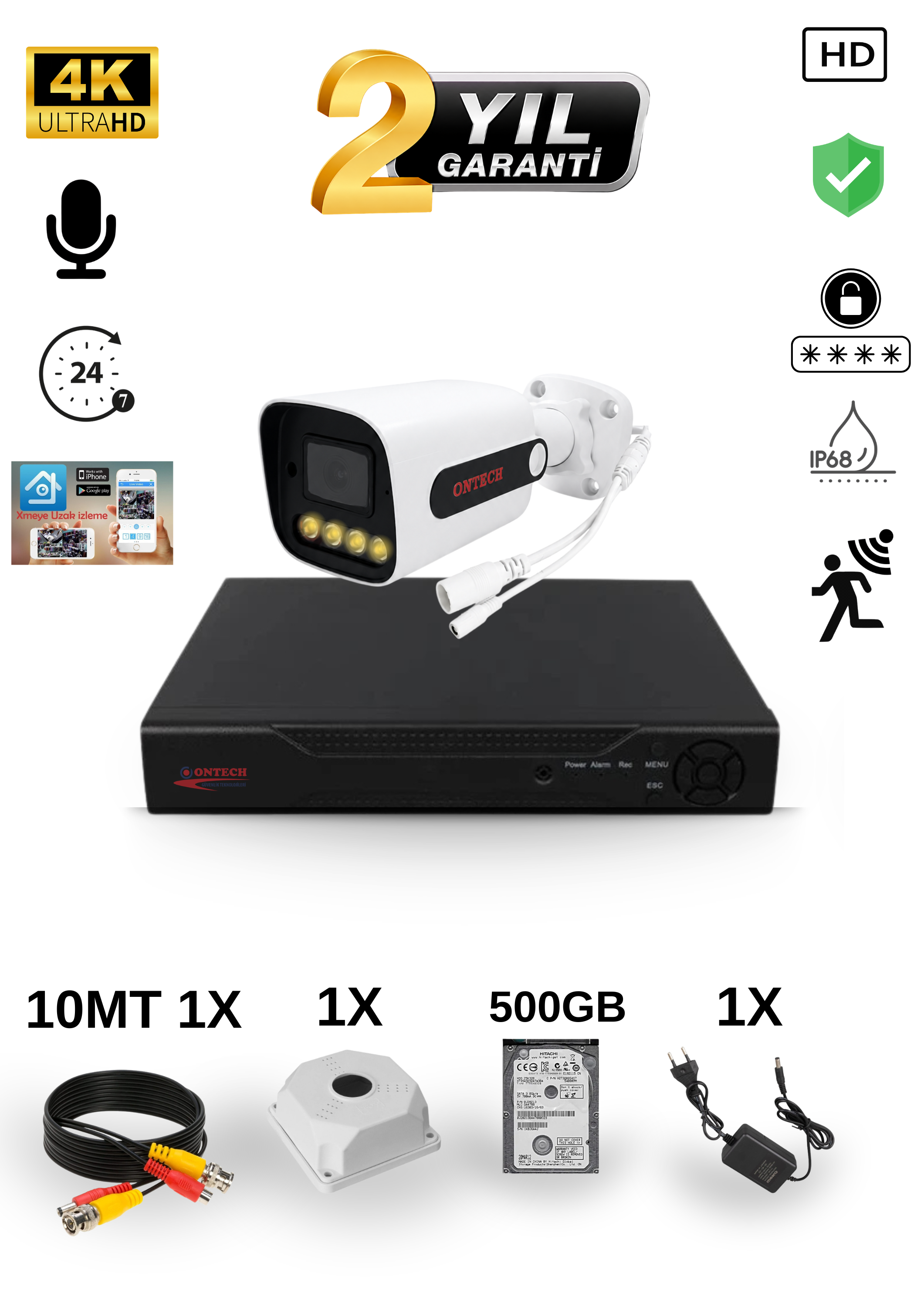 1 KAMERALI 4K ULTRA HD AHD GÜVENLİK KAMERA SETİ | 500GB HDD DAHİL | SESLİ | GECE GÖRÜŞLÜ | IP68