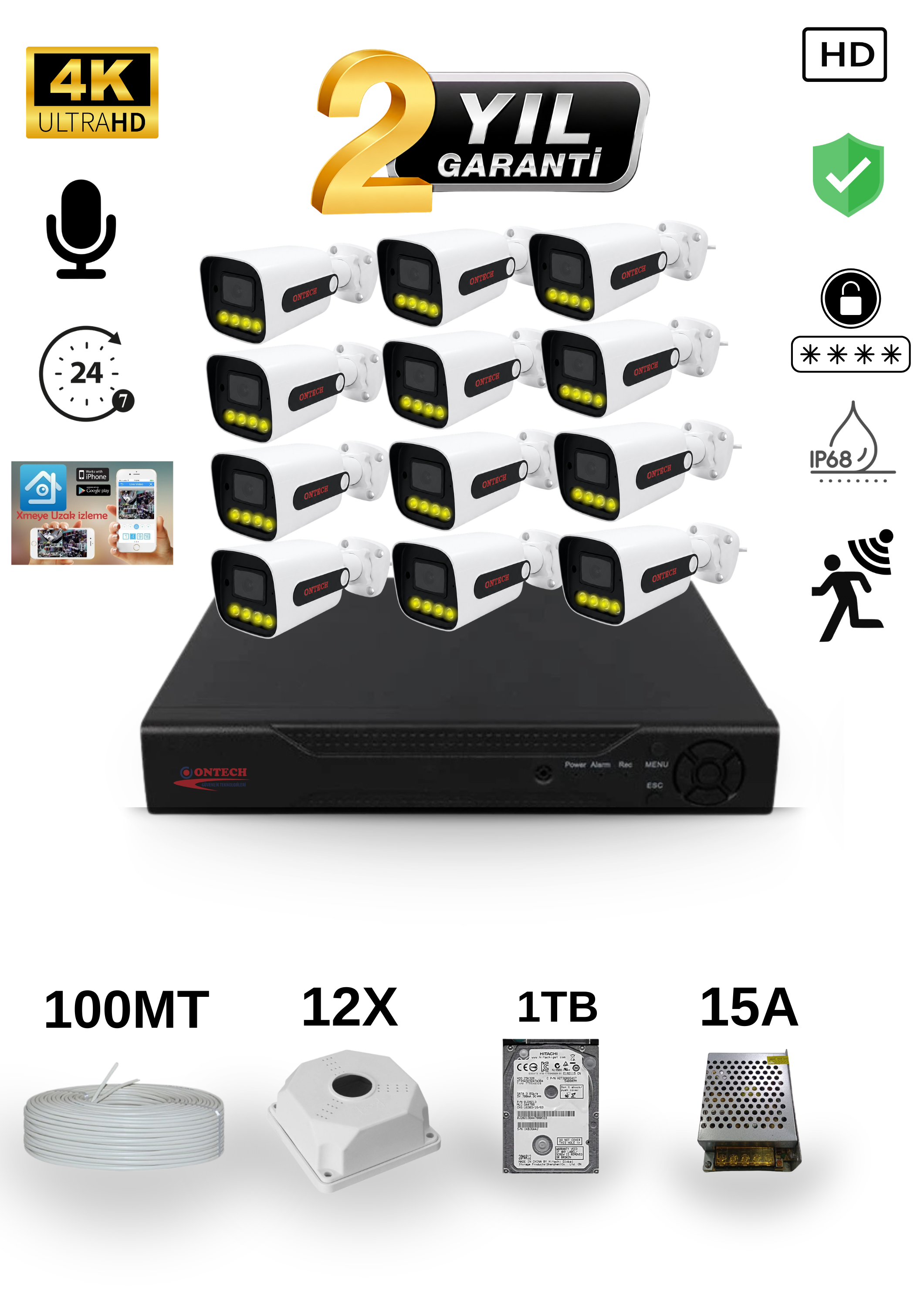 12 KAMERALI 4K ULTRA HD AHD GÜVENLİK KAMERA SETİ | SESLİ | HDD DAHİL | GECE GÖRÜŞLÜ | IP68 V2