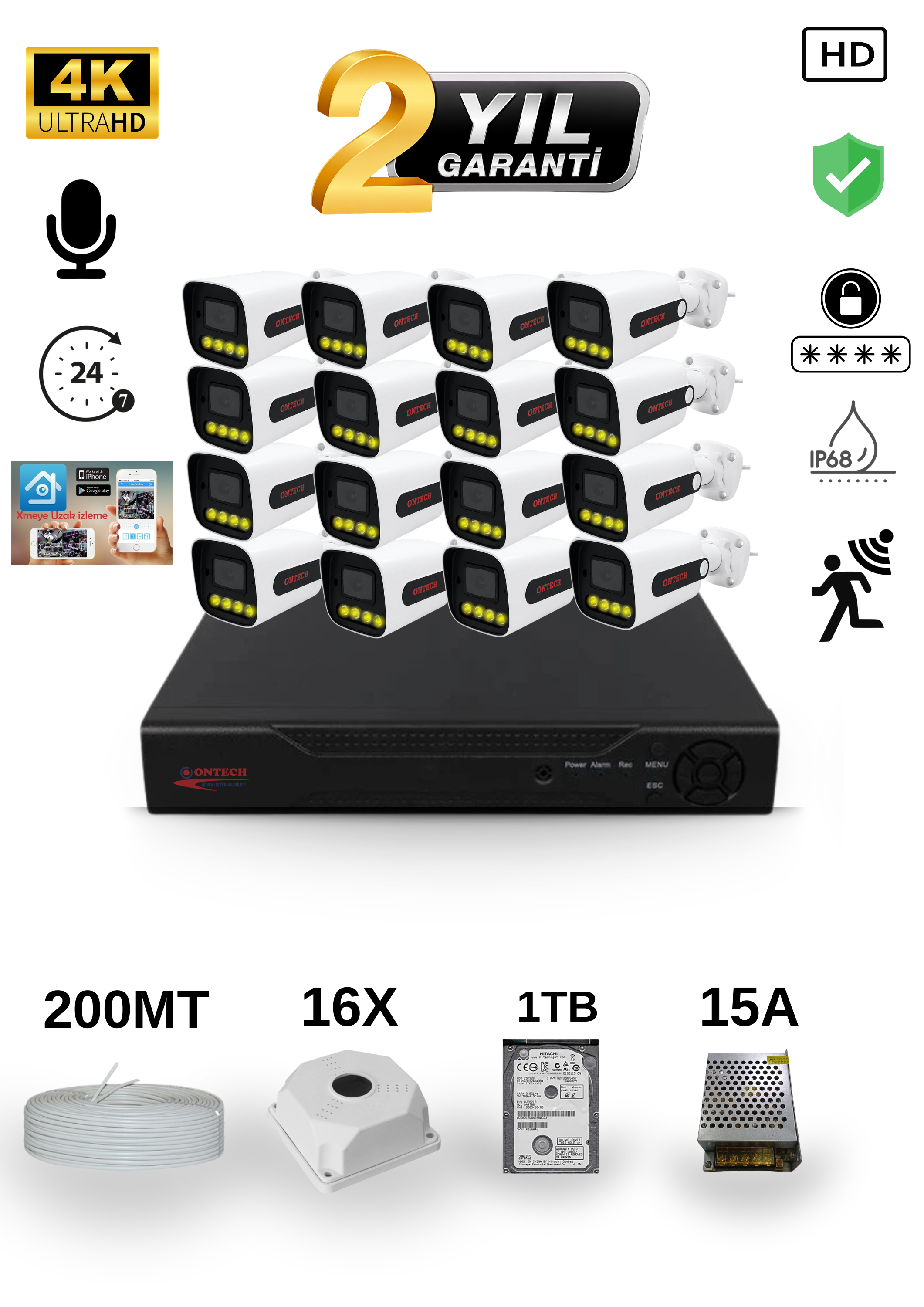 16 KAMERALI 4K ULTRA HD AHD GÜVENLİK KAMERA SETİ | SESLİ | HDD DAHİL | GECE GÖRÜŞLÜ | IP68 V2