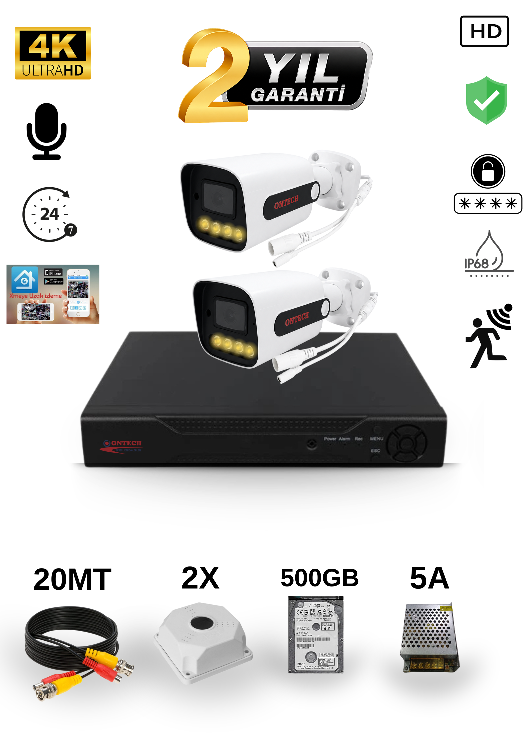 2 KAMERALI 4K ULTRA HD AHD GÜVENLİK KAMERA SETİ 500GB HDD DAHİL V2