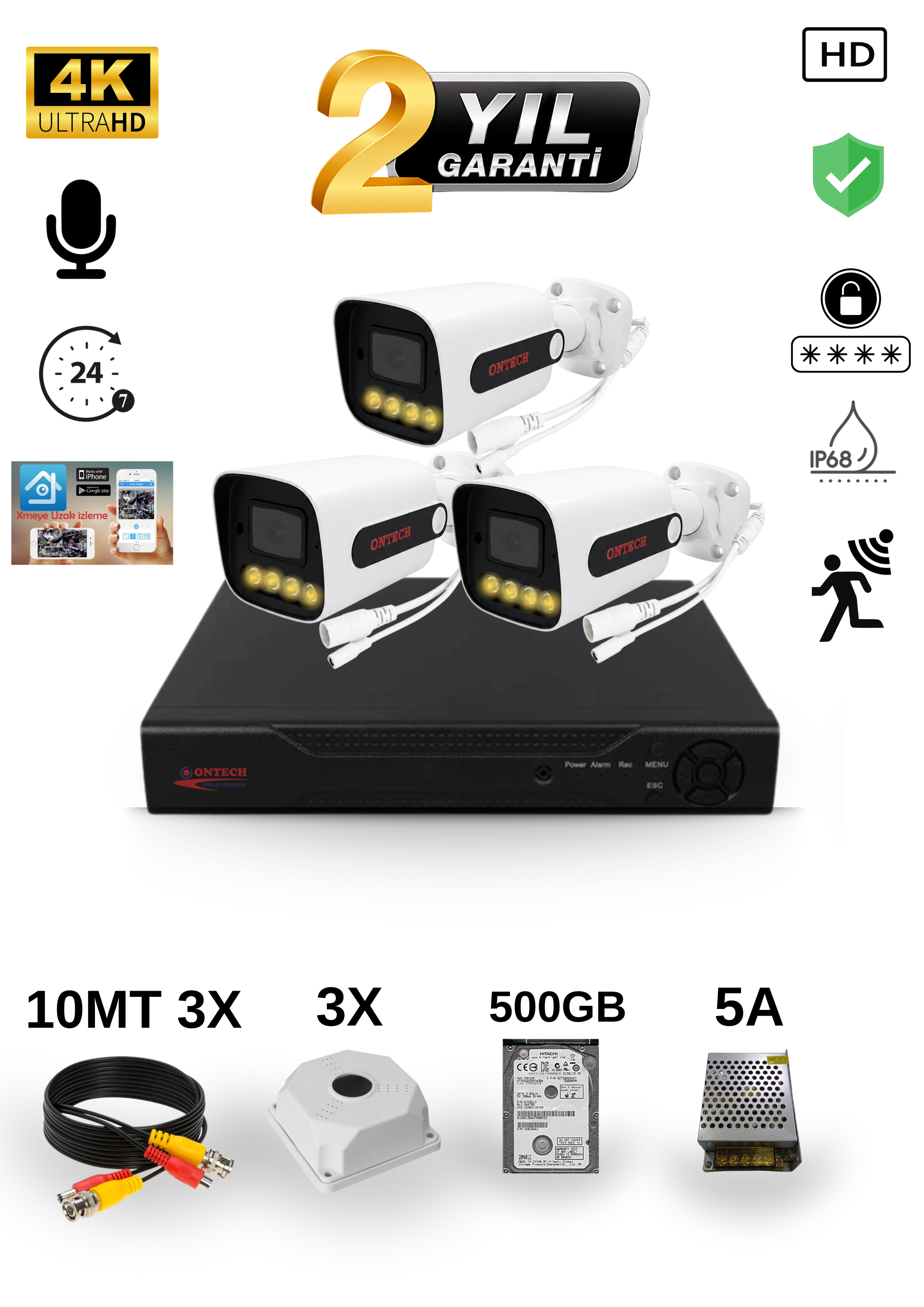 3 KAMERALI 4K ULTRA HD AHD GÜVENLİK KAMERA SETİ 500GB HDD DAHİL V2