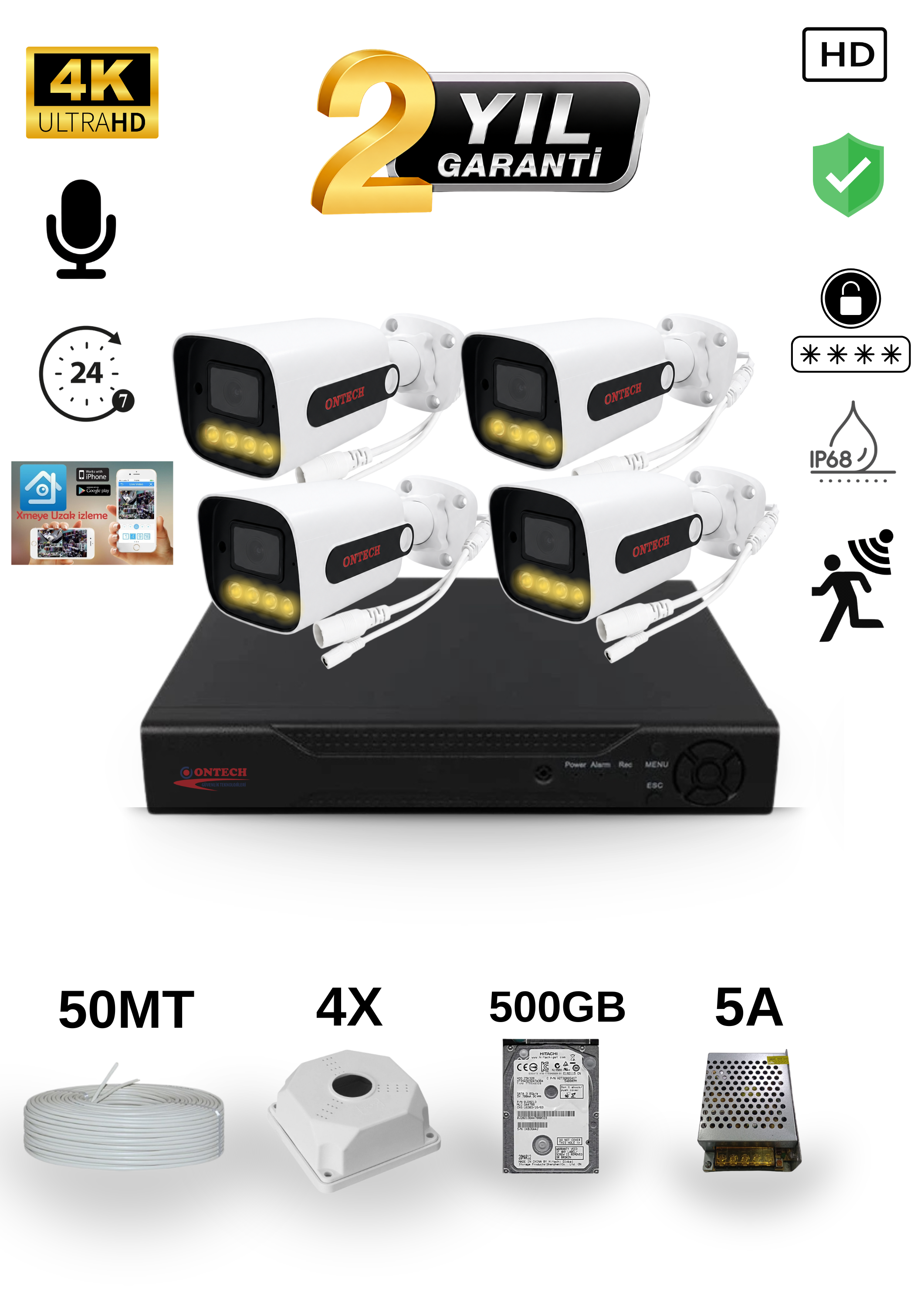 4 KAMERALI 4K ULTRA HD AHD GÜVENLİK KAMERA SETİ 500GB HDD DAHİL V2