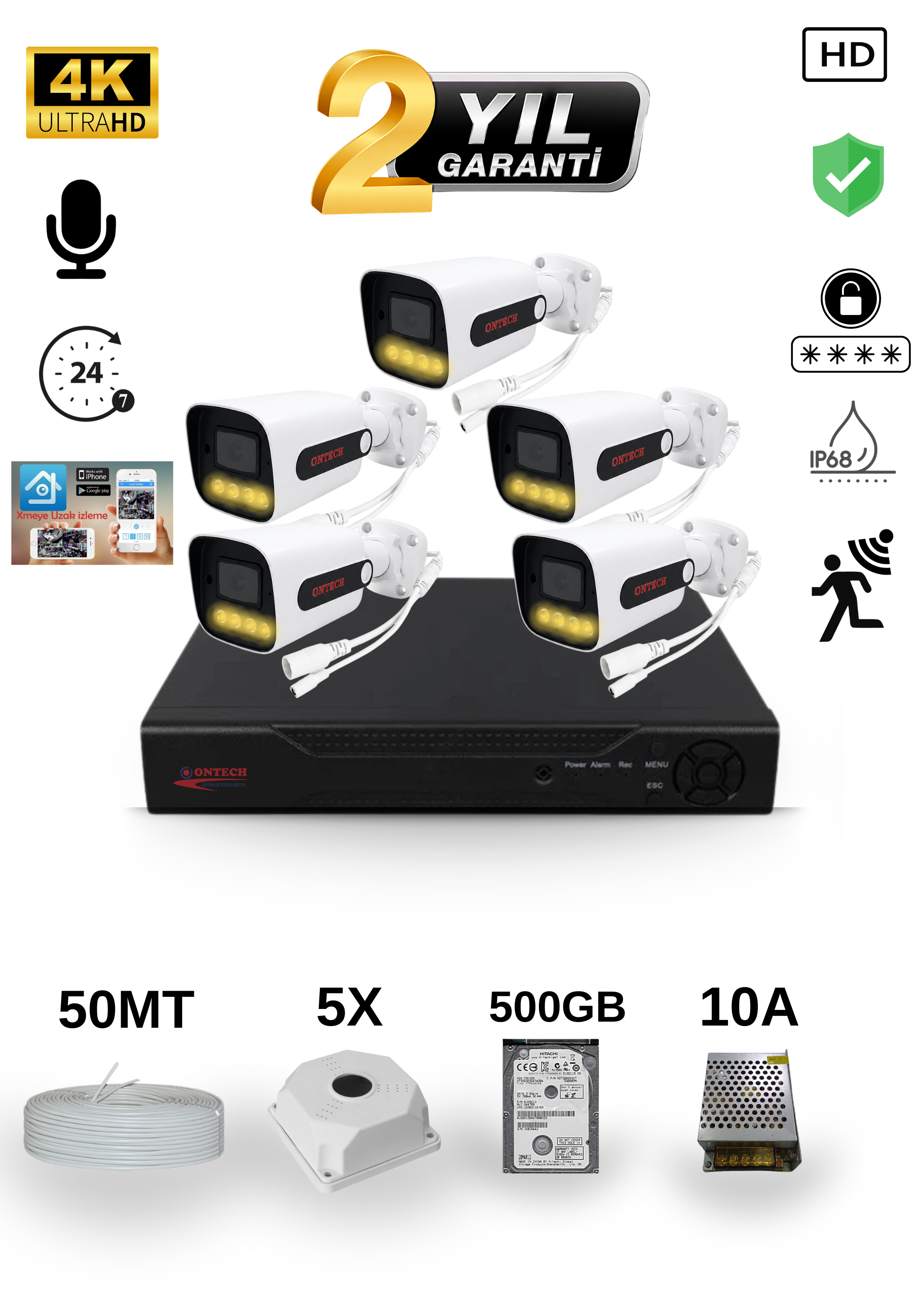 5 KAMERALI 4K ULTRA HD AHD GÜVENLİK KAMERA SETİ 500GB HDD DAHİL V2