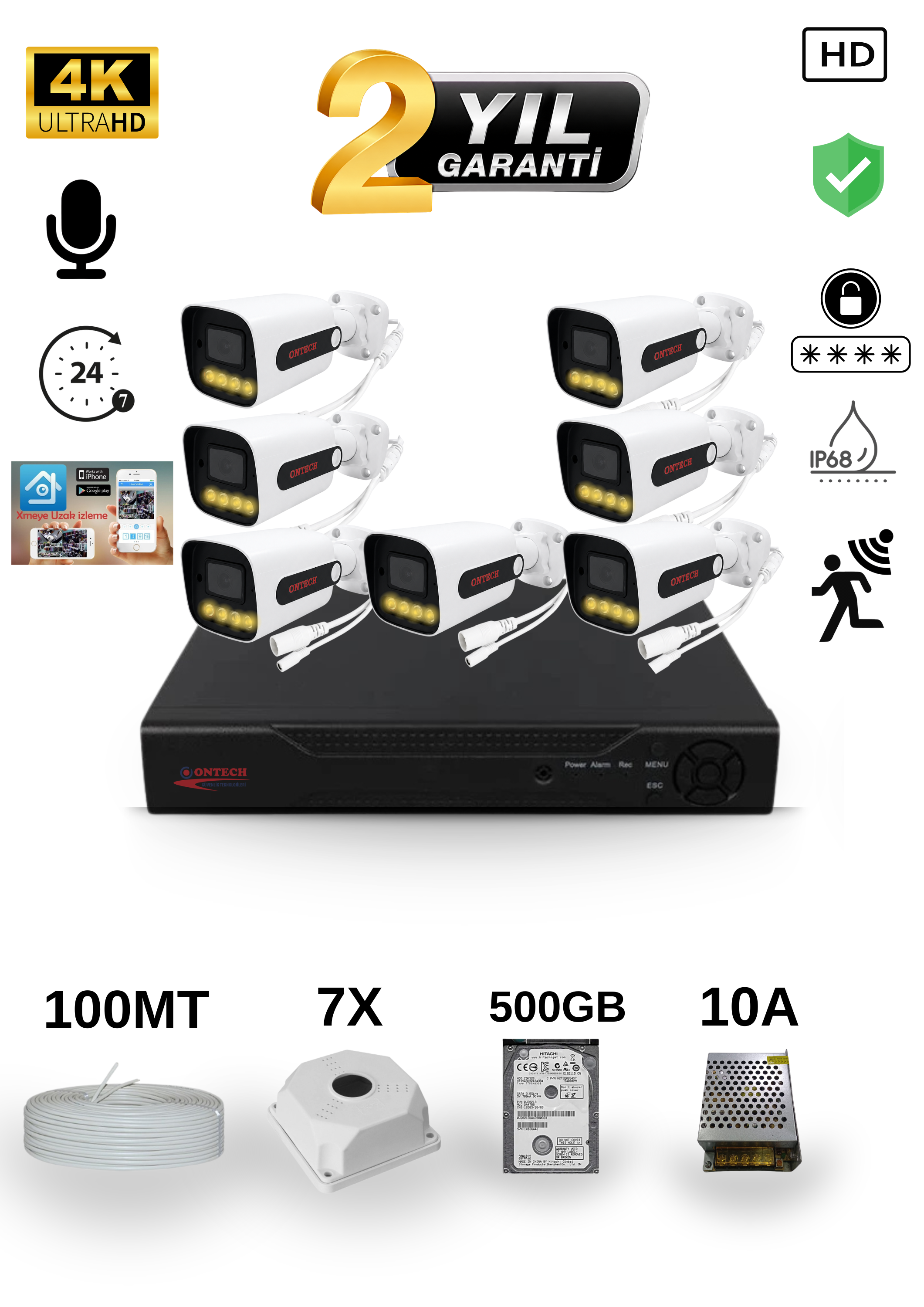 7 KAMERALI 4K ULTRA HD AHD GÜVENLİK KAMERA SETİ | 500GB HDD DAHİL | SESLİ | GECE GÖRÜŞLÜ | IP68 V2