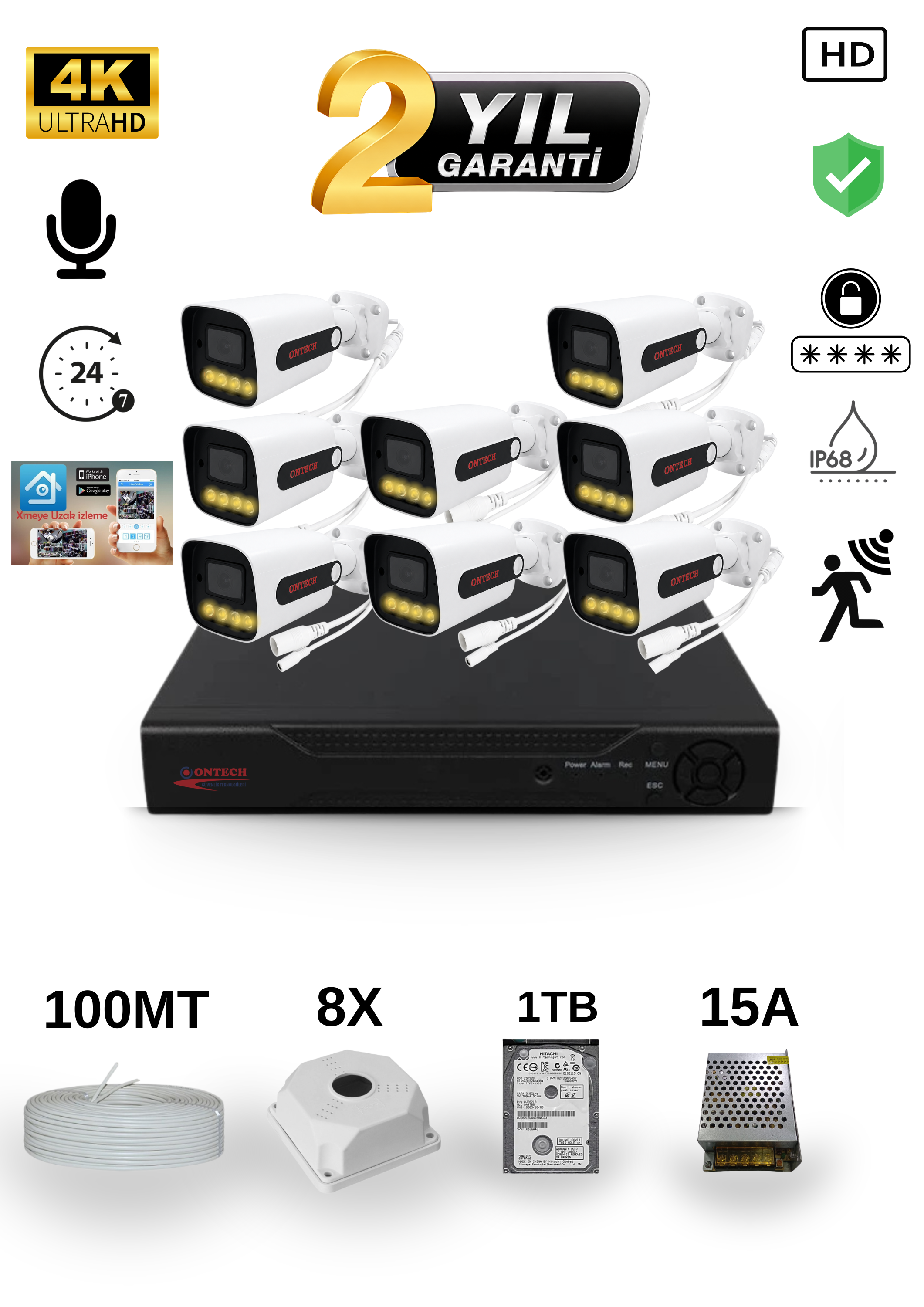 8 KAMERALI 4K ULTRA HD AHD GÜVENLİK KAMERA SETİ | 500GB HDD DAHİL | SESLİ | GECE GÖRÜŞLÜ | IP68 V2