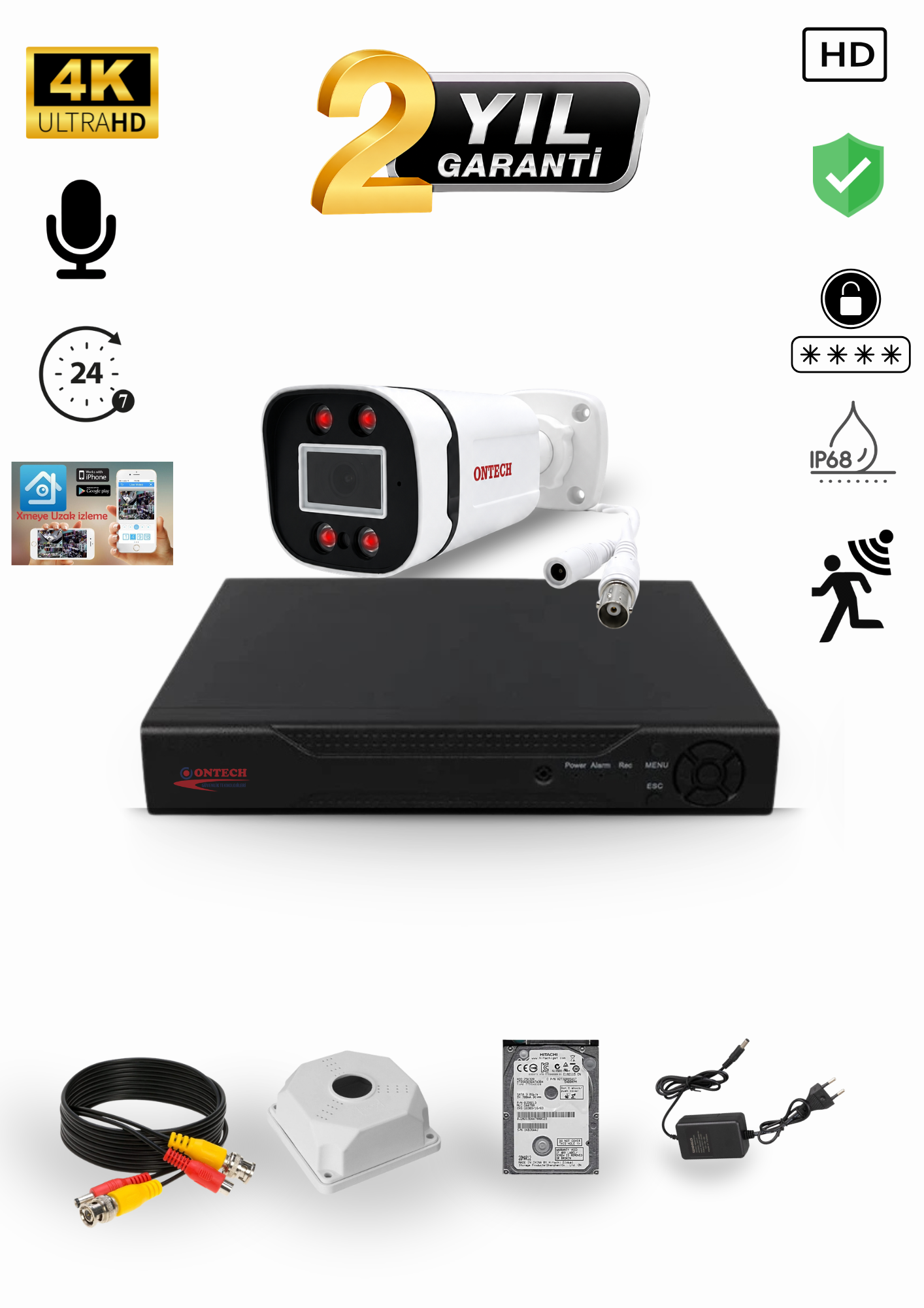 1 KAMERALI 4K ULTRA HD AHD GÜVENLİK KAMERA SETİ | SESLİ | HDD DAHİL | GECE GÖRÜŞLÜ | IP68