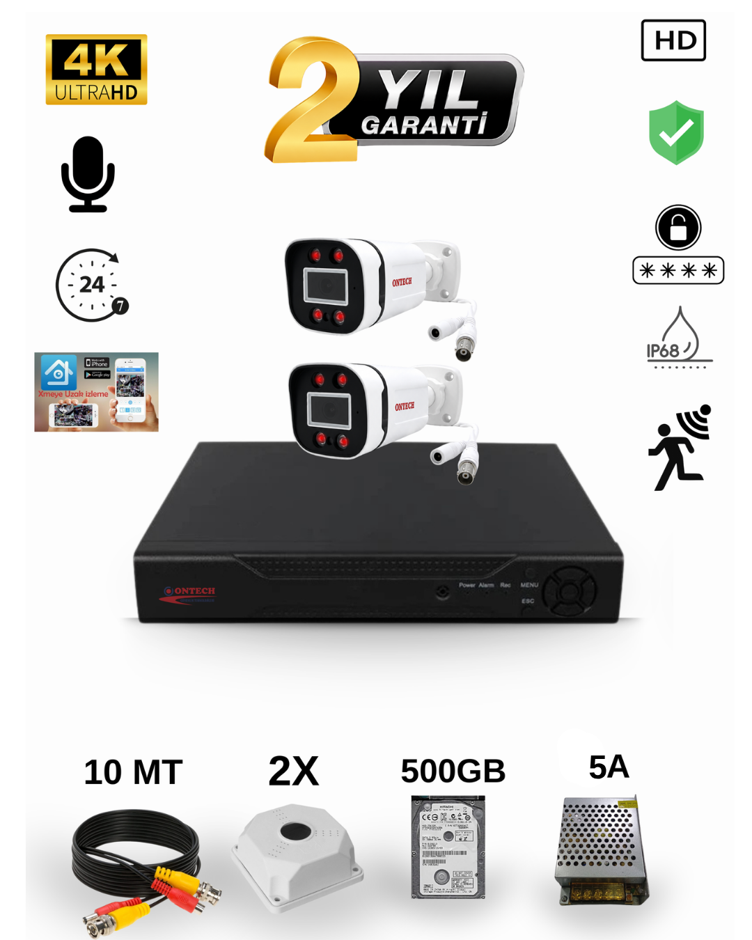 2 KAMERALI 4K ULTRA HD AHD GÜVENLİK KAMERA SETİ | 500GB HDD DAHİL | SESLİ | GECE GÖRÜŞLÜ | IP68