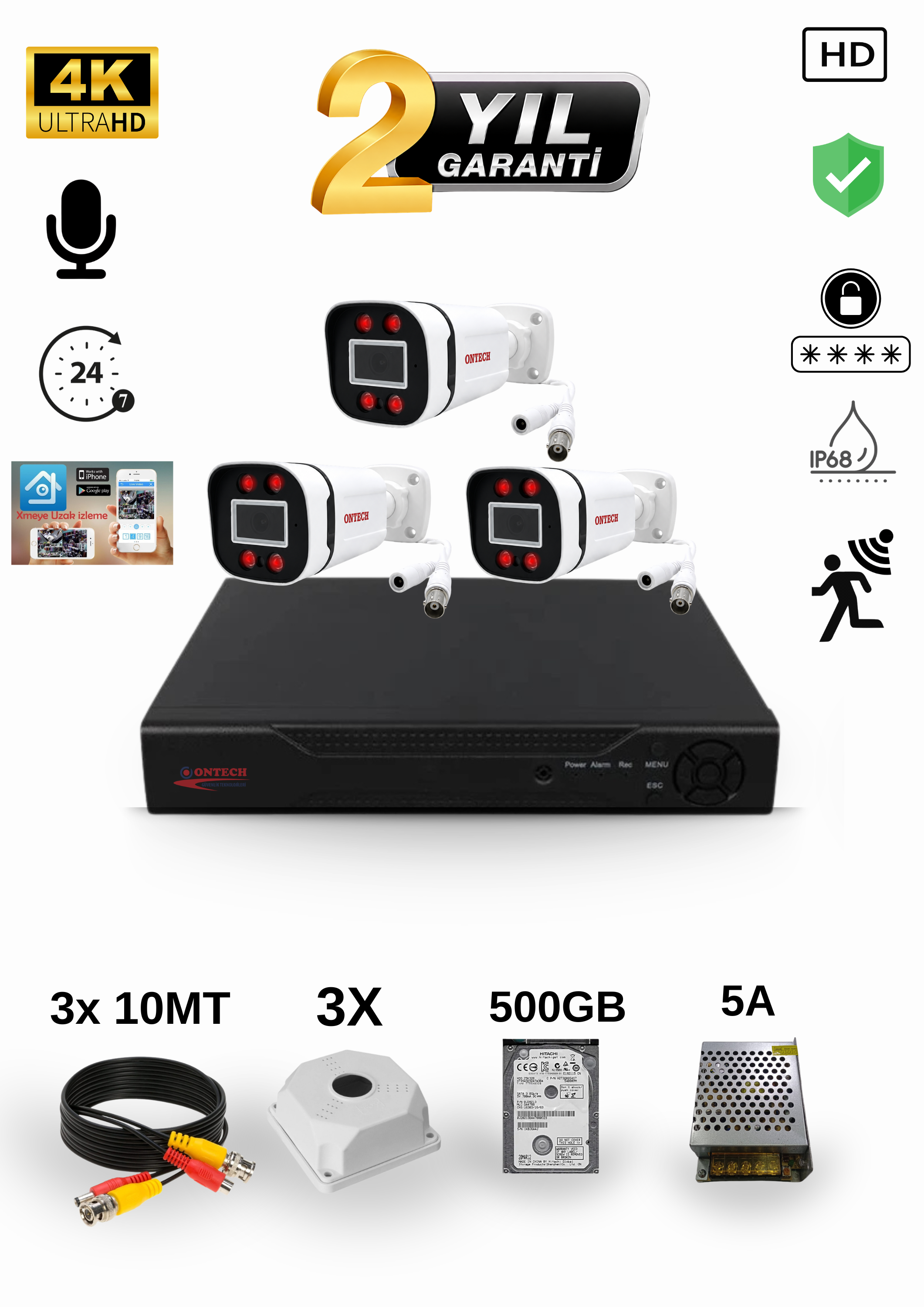 3 KAMERALI 4K ULTRA HD AHD GÜVENLİK KAMERA SETİ | 500GB HDD DAHİL | SESLİ | GECE GÖRÜŞLÜ | IP68