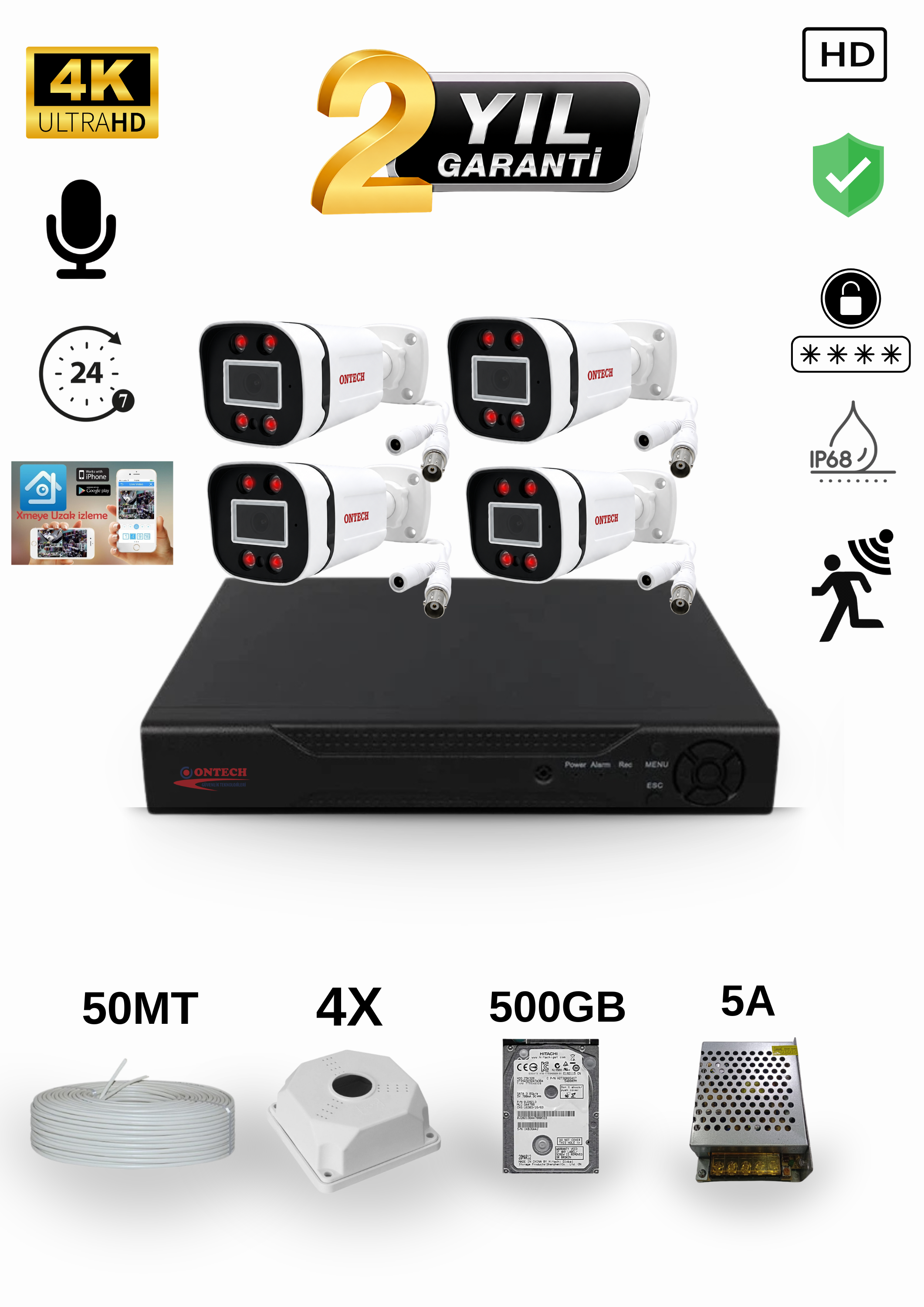 4 KAMERALI 4K ULTRA HD AHD GÜVENLİK KAMERA SETİ | 500GB HDD DAHİL | SESLİ | GECE GÖRÜŞLÜ | IP68