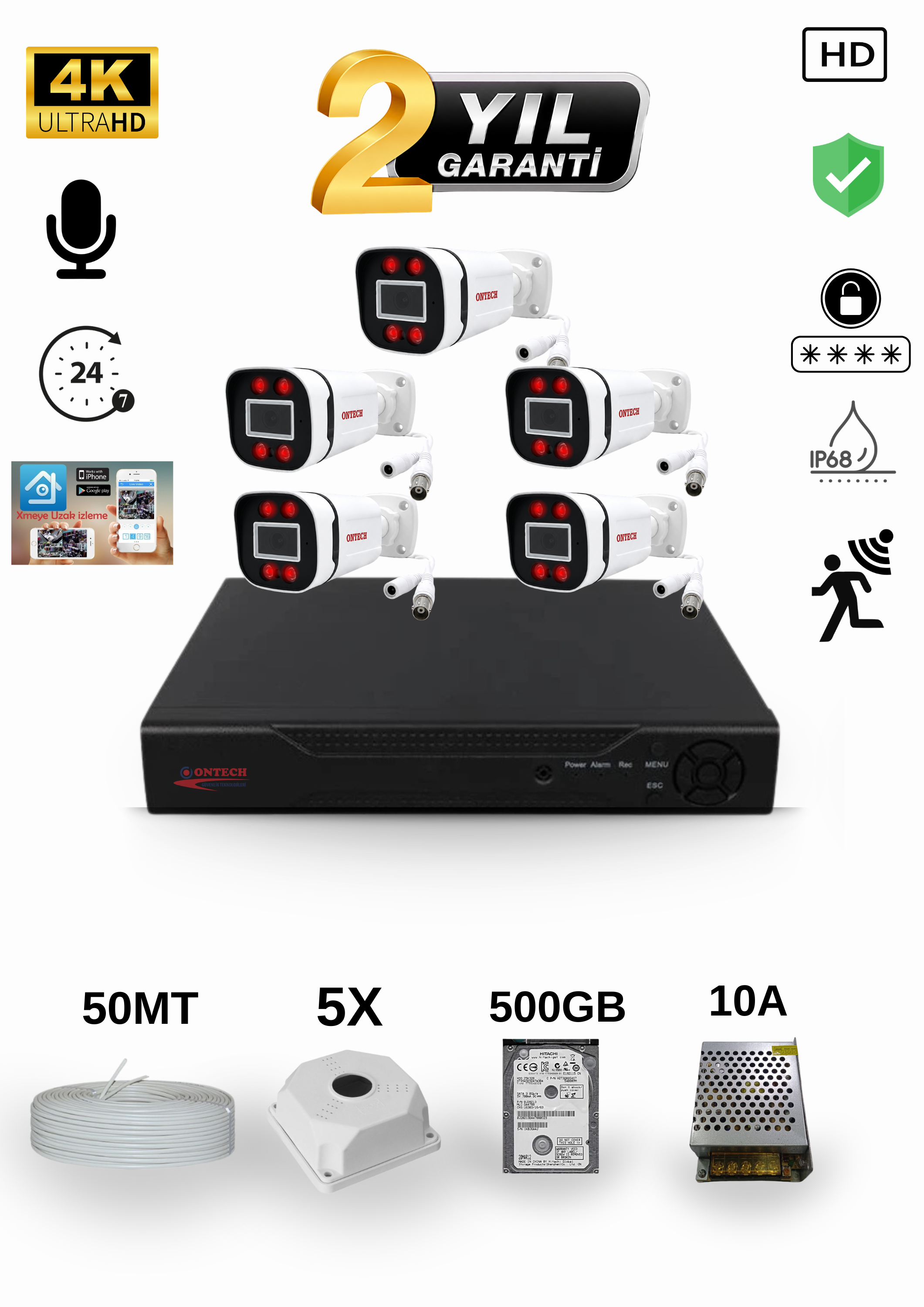 5 KAMERALI 4K ULTRA HD AHD GÜVENLİK KAMERA SETİ | 500GB HDD DAHİL | SESLİ | GECE GÖRÜŞLÜ | IP68