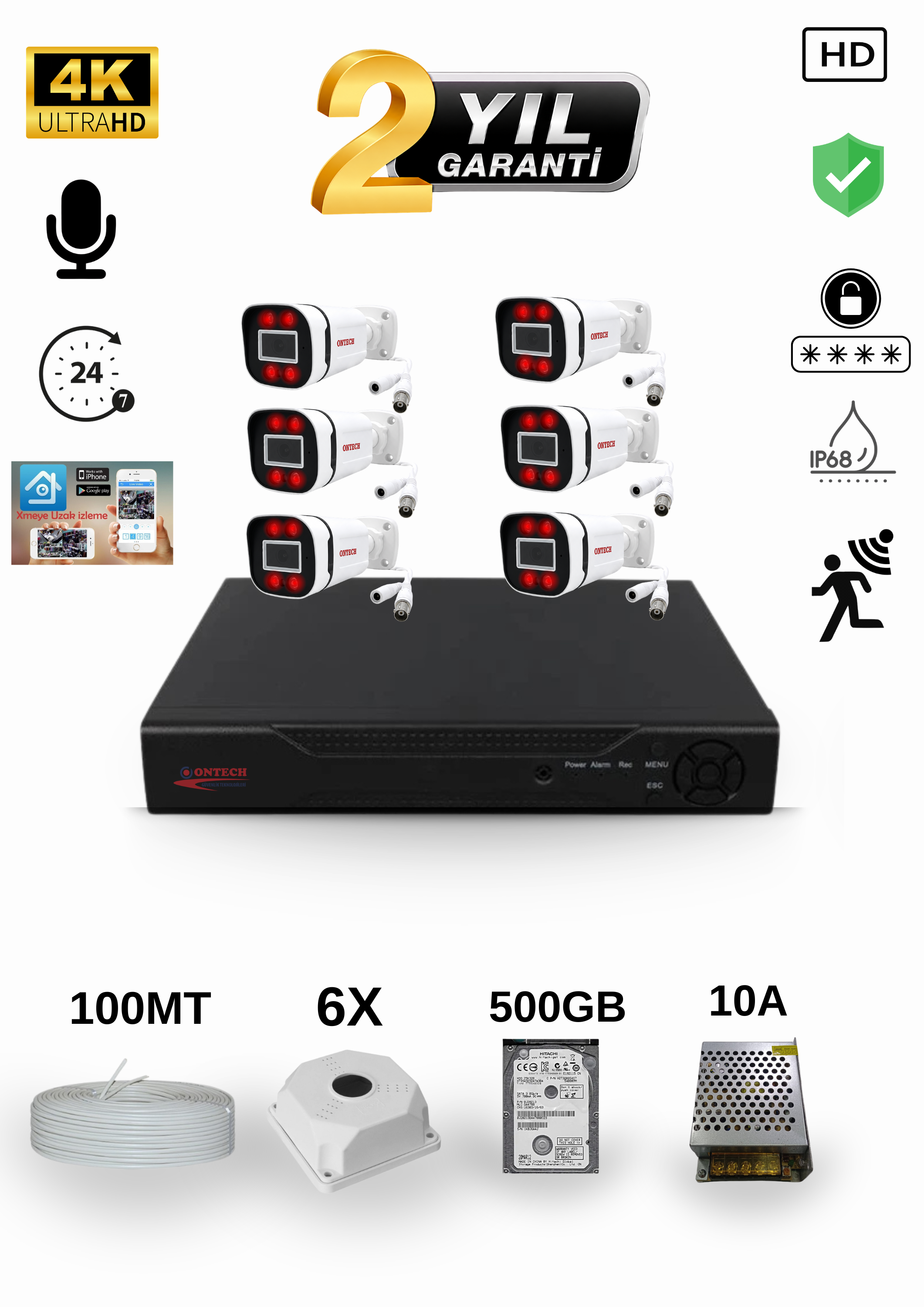 6 KAMERALI 4K ULTRA HD AHD GÜVENLİK KAMERA SETİ | 500GB HDD DAHİL | SESLİ | GECE GÖRÜŞLÜ | IP68