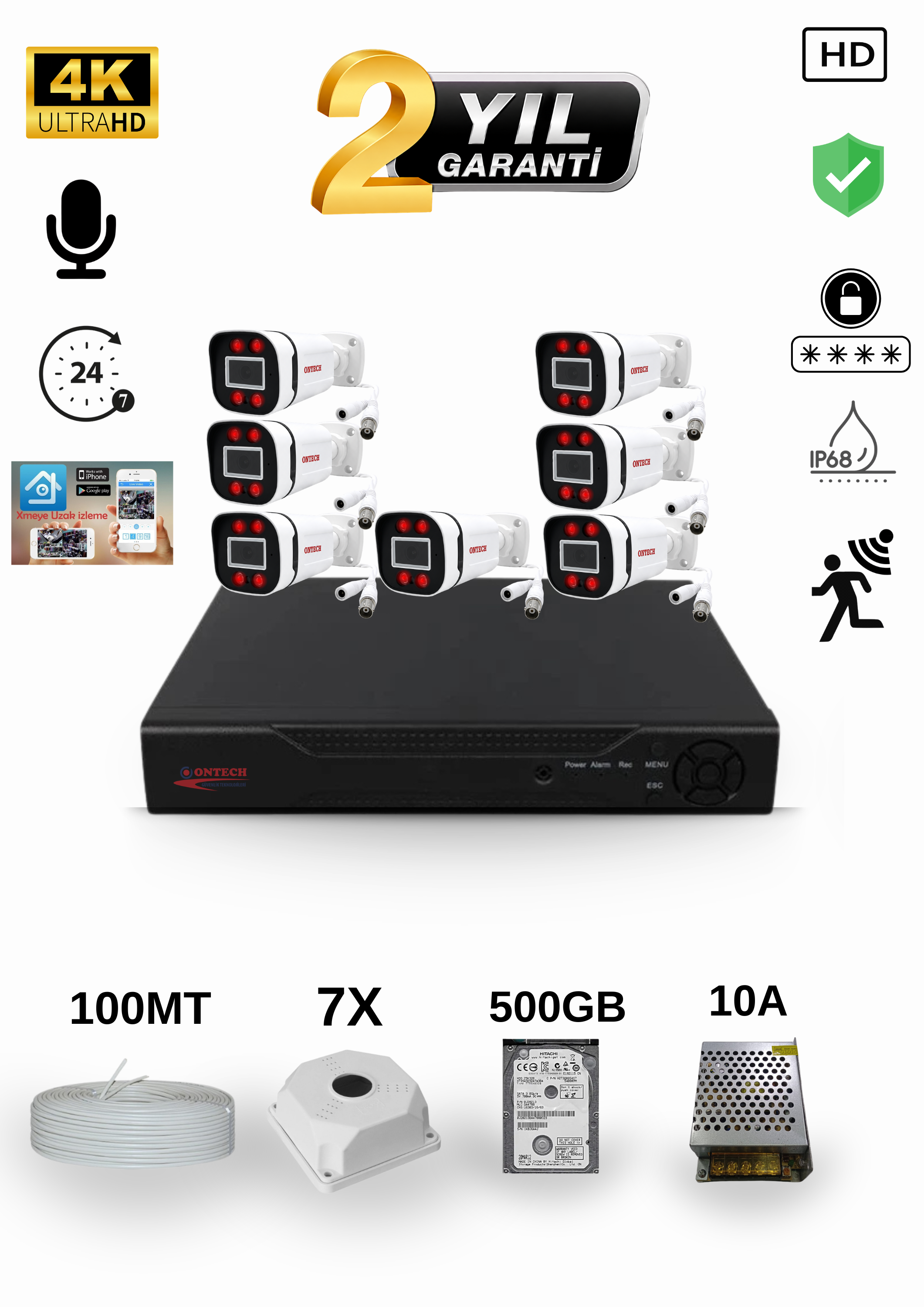 7 KAMERALI 4K ULTRA HD AHD GÜVENLİK KAMERA SETİ | 500GB HDD DAHİL | SESLİ | GECE GÖRÜŞLÜ | IP68