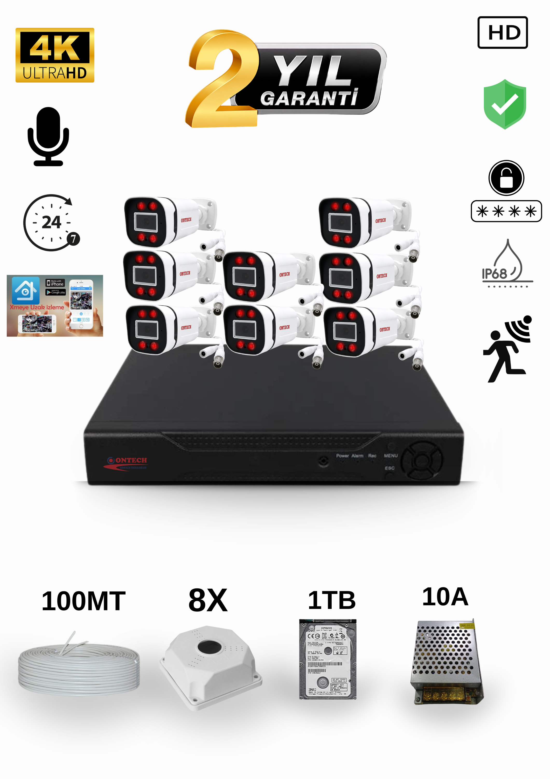 8 KAMERALI 4K ULTRA HD AHD GÜVENLİK KAMERA SETİ | 500GB HDD DAHİL | SESLİ | GECE GÖRÜŞLÜ | IP68