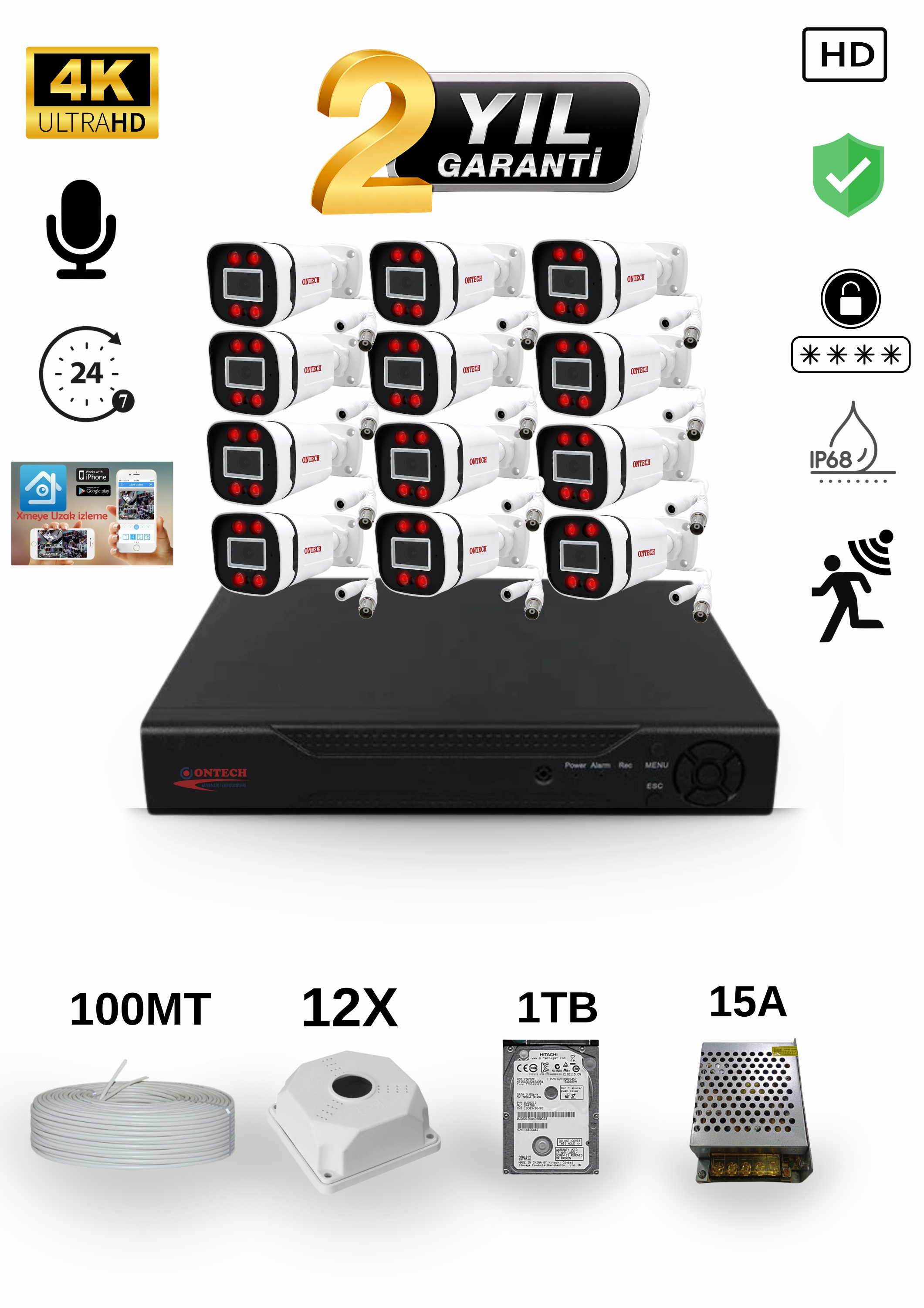 12 KAMERALI 4K ULTRA HD AHD GÜVENLİK KAMERA SETİ | 500GB HDD DAHİL | SESLİ | GECE GÖRÜŞLÜ | IP68