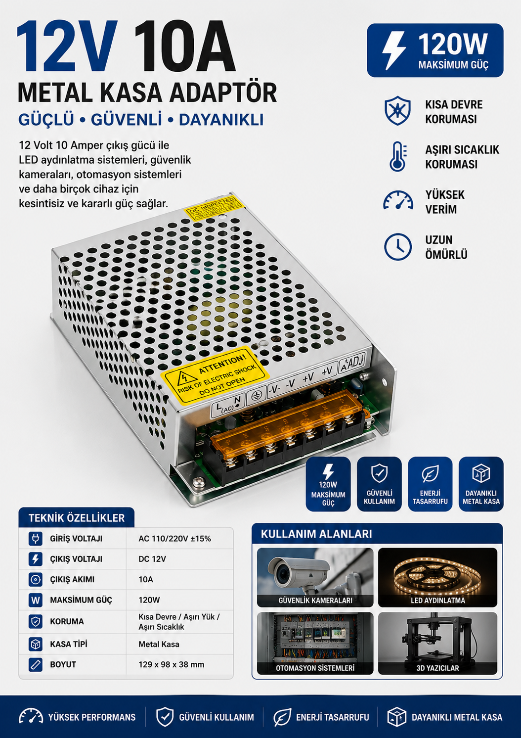 12 VOLT 10 AMPER METAL KASA ADAPTÖR