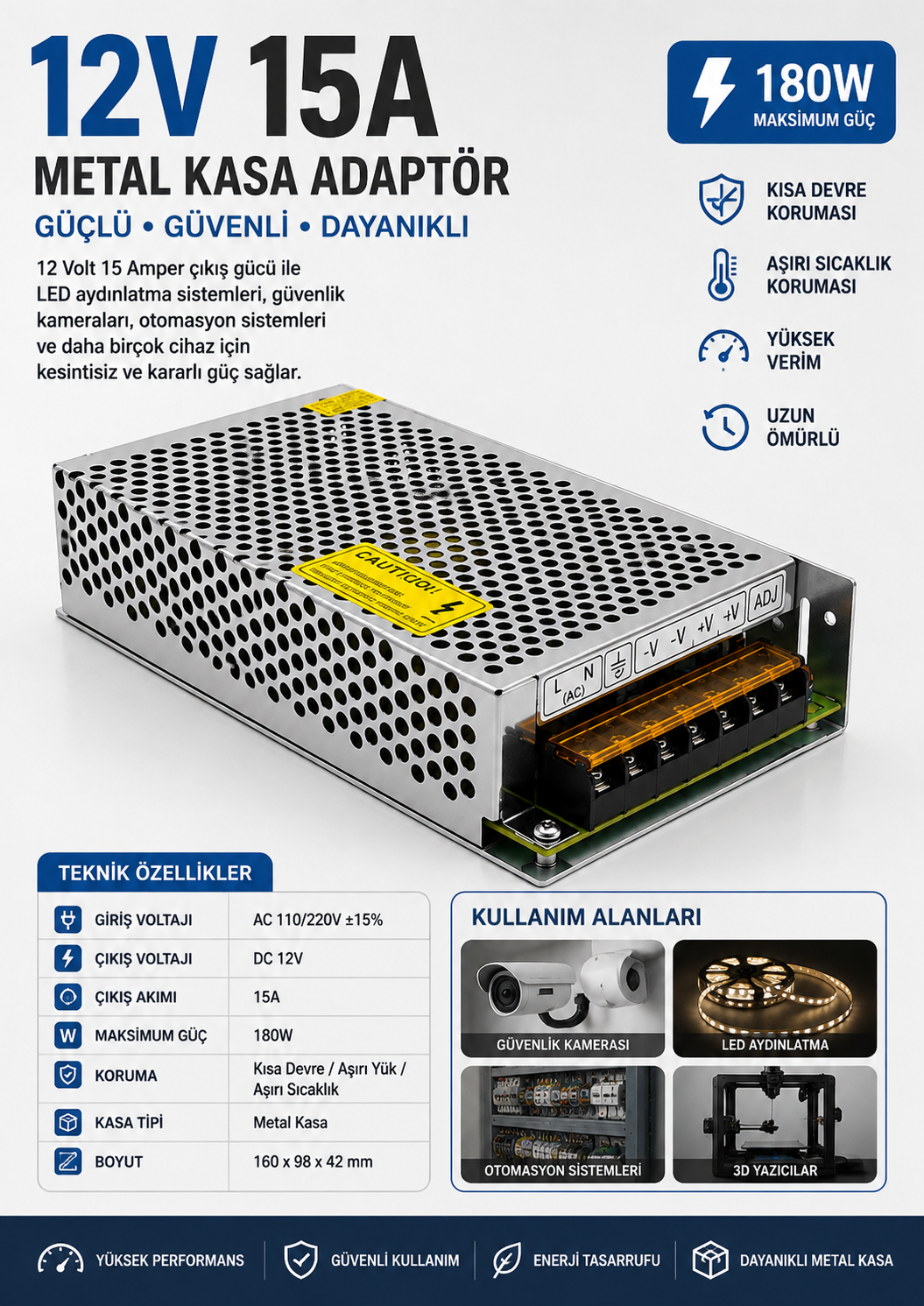 12 VOLT 15 AMPER METAL KASA ADAPTÖR