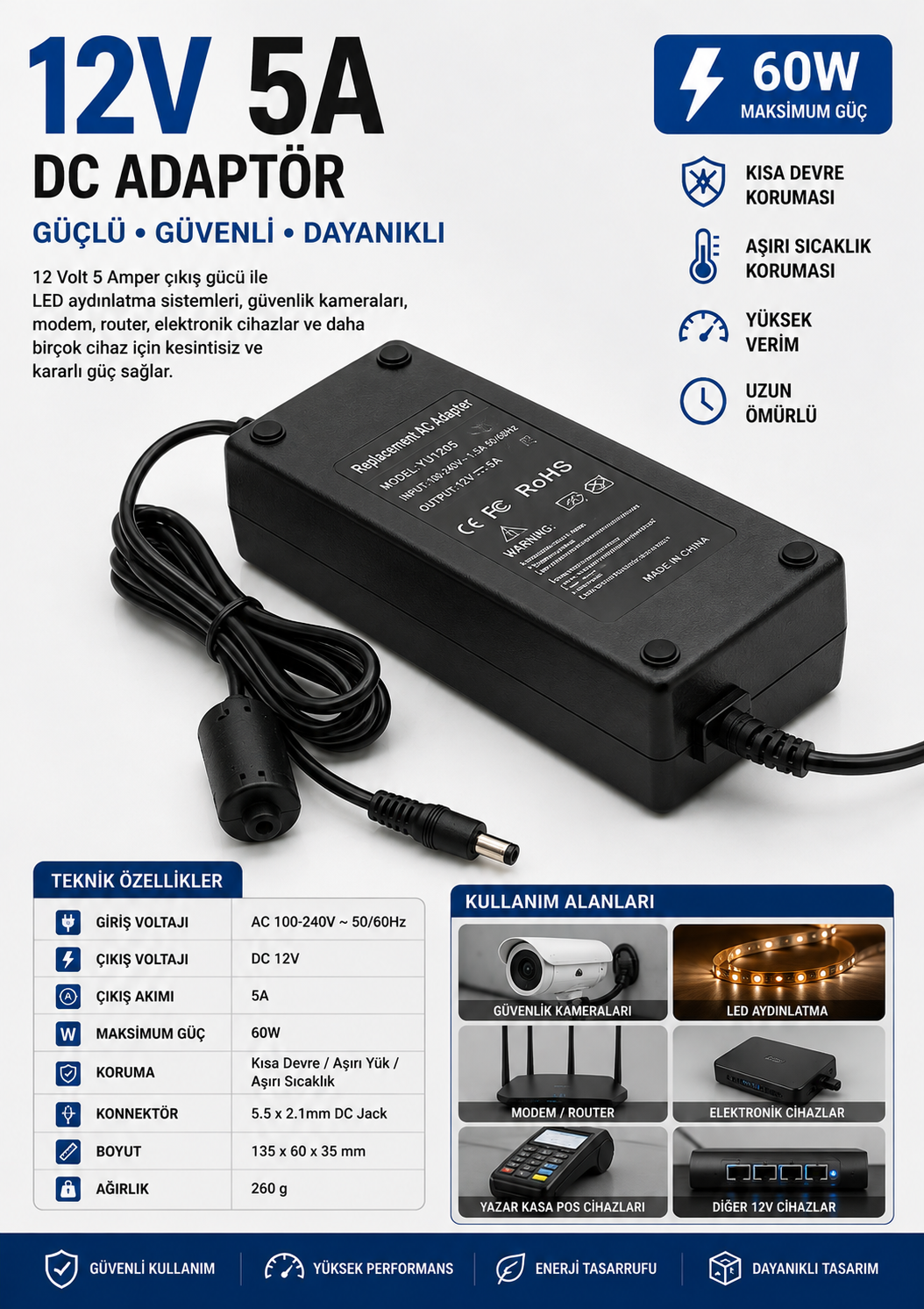 12 VOLT 5 AMPER DC ADAPTÖR