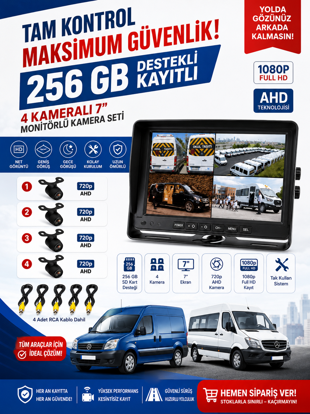 4 KAMERALI 7 INC MONİTÖRLÜ ARAÇ KAMERA SETİ
