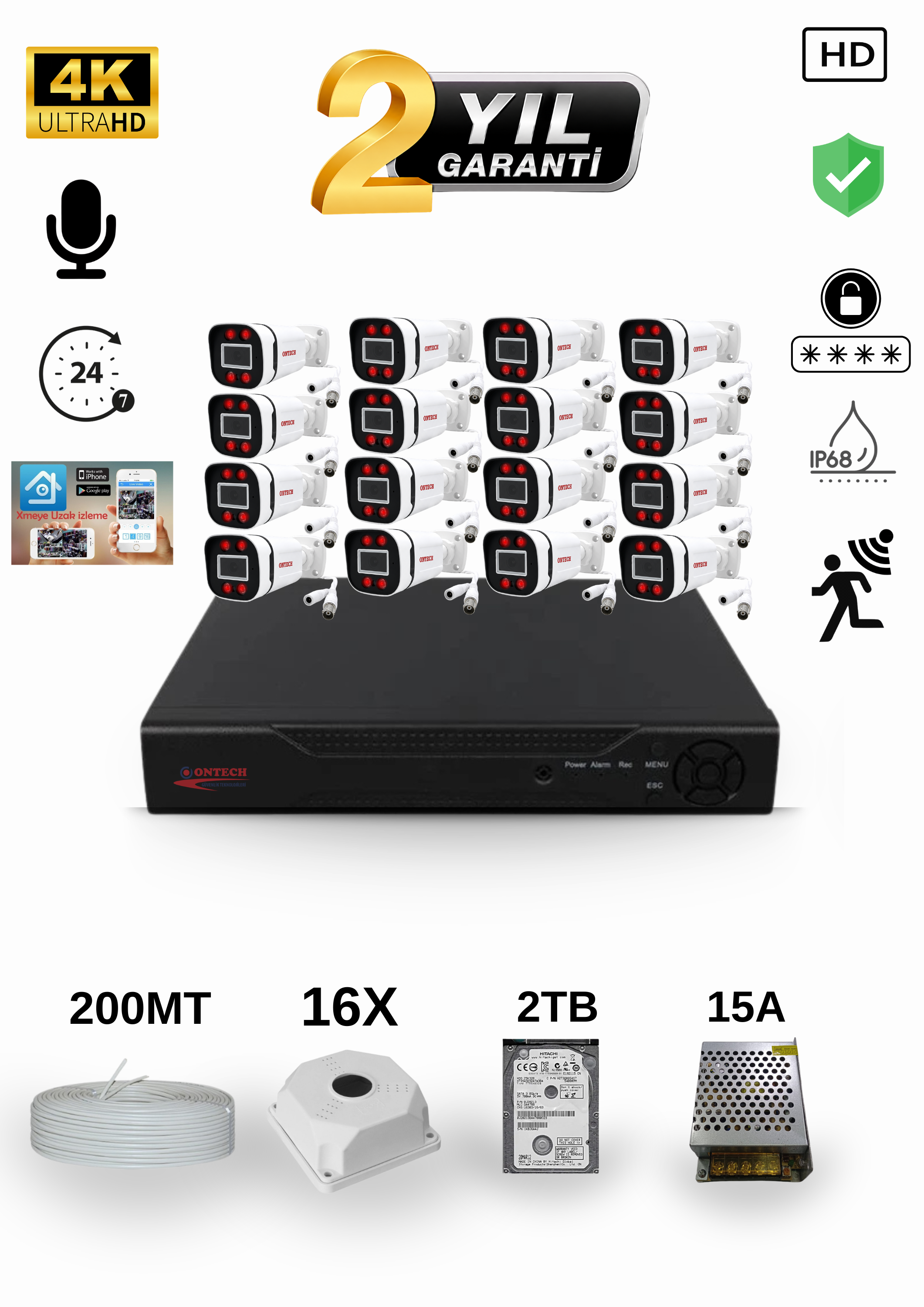 16 KAMERALI 4K ULTRA HD AHD GÜVENLİK KAMERA SETİ | 500GB HDD DAHİL | SESLİ | GECE GÖRÜŞLÜ | IP68