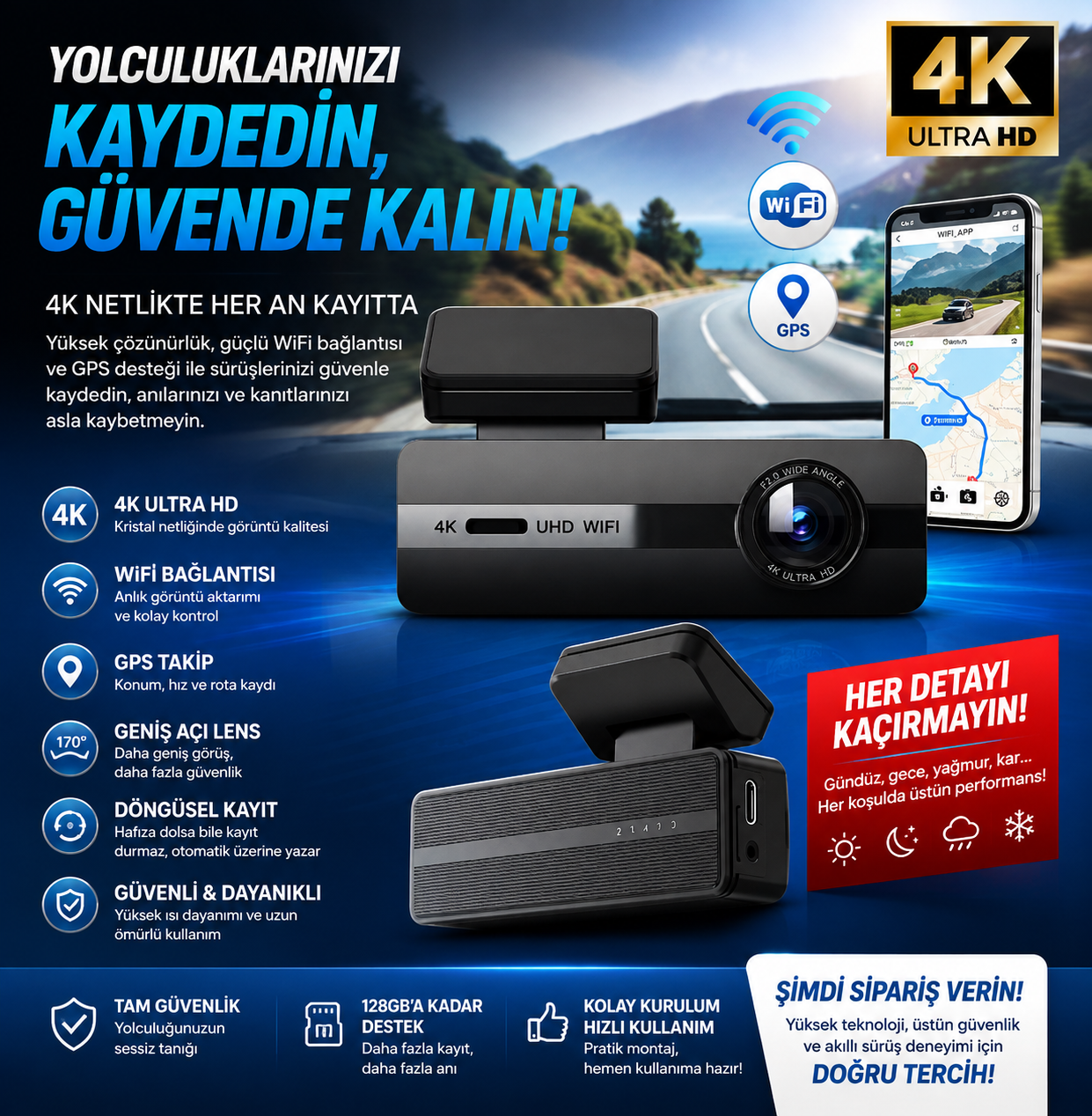 4K WiFi GPS EKRANSIZ DASHCAM KAMERA