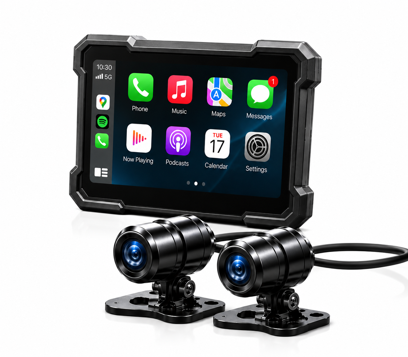 5 İNC CARPLAY MOTOSİKLET KAMERA SETİ 2K 1440P 2 KAMERALI WİFİ BLUETOOTH LASTİK BASINÇ GÖSTERGELİ