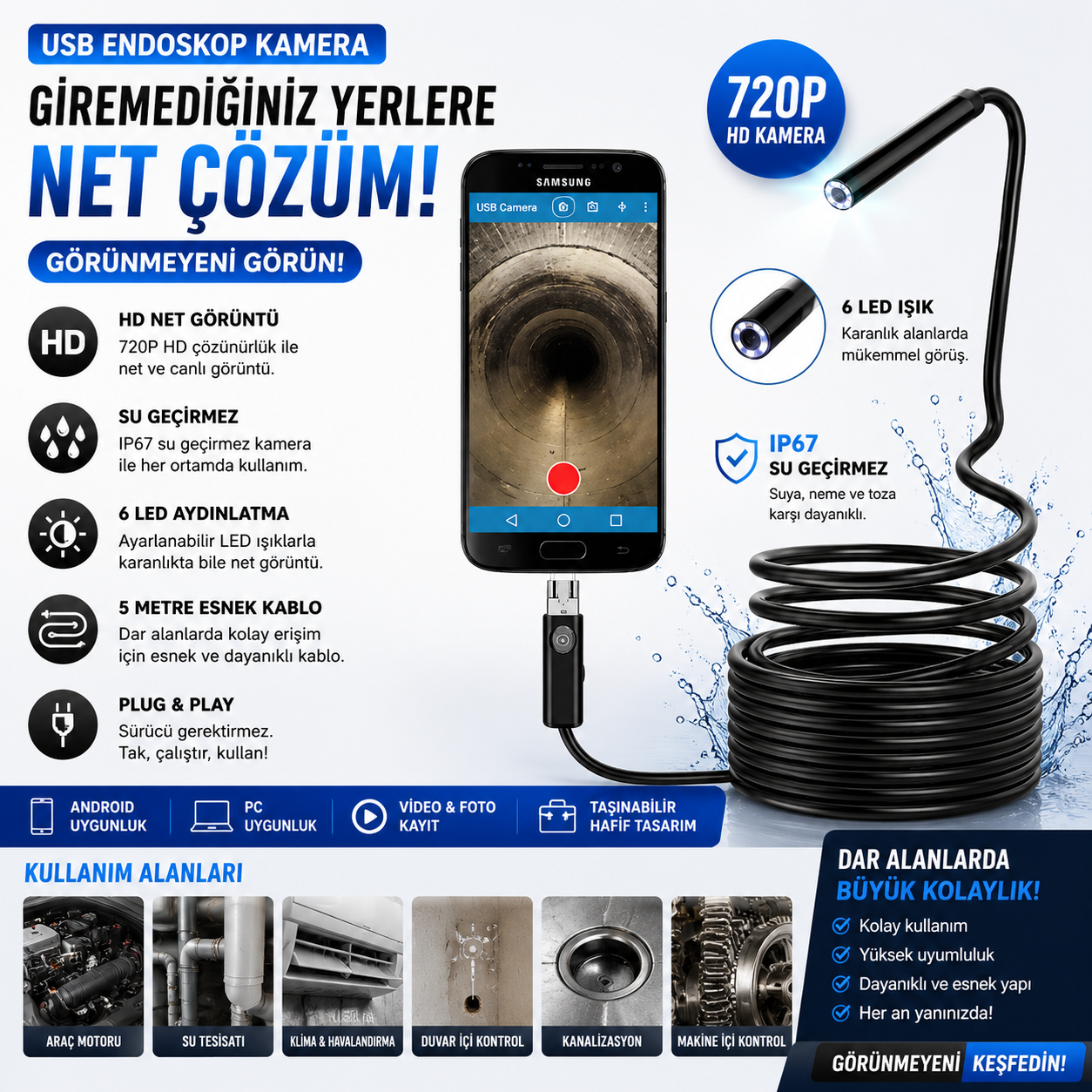ENDESKOP YILAN KAMERA ANDROİD UYUMLU 5 METRE
