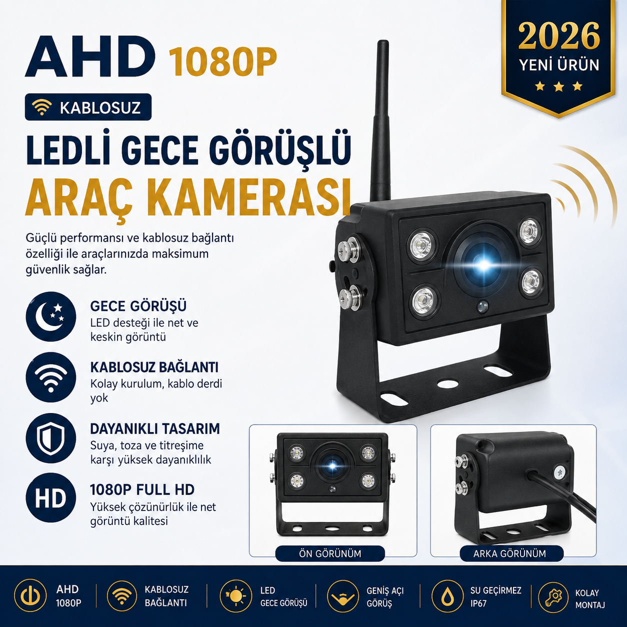 AHD 1080P KABLOSUZ LEDLİ GECE GÖRÜŞLÜ ARAÇ KAMERASI