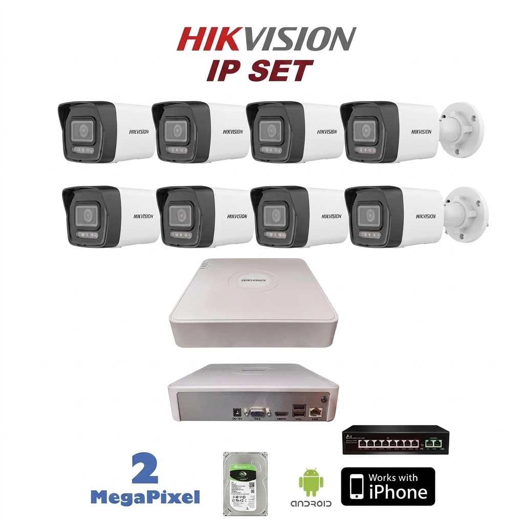 8 KAMERALI 2MP HİKVİSİON IP NVR GÜVENLİK SETİ