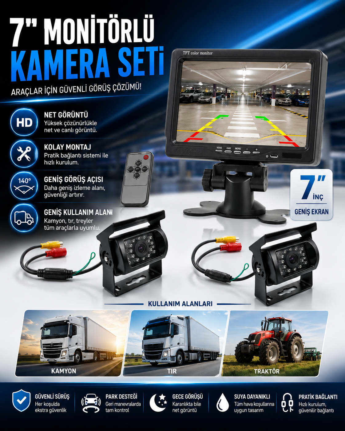 KAMYON TIR TRAKTÖR 2 KAMERALI 7" EKRANLI KAMERA SETİ