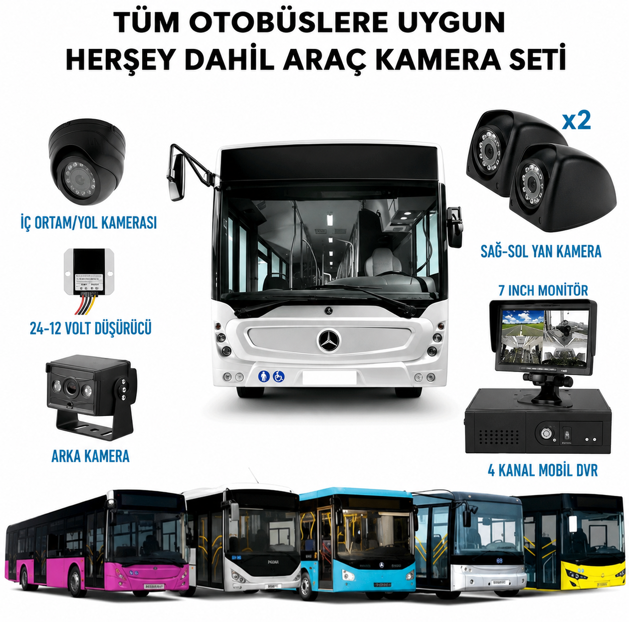 4 Kameralı Kayıtlı Otobüs Kamera Seti