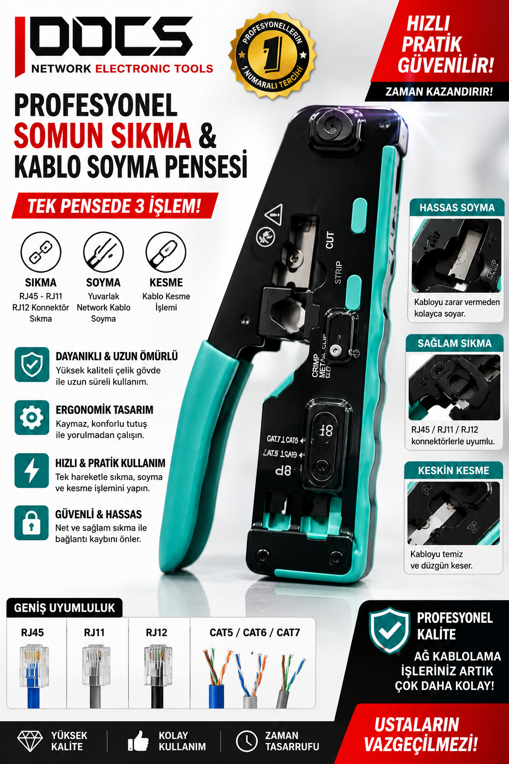 PROFESYONEL RJ45 / RJ11 / RJ12 SOMUN SIKMA & KABLO SOYMA PENSESİ
