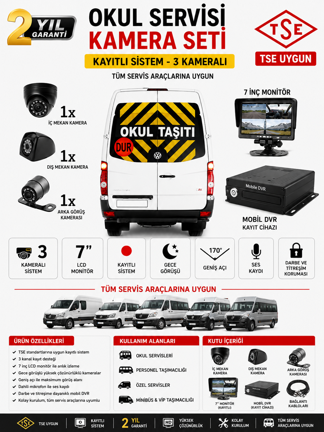 OKUL SERVİSİ KAMERA SETİ KAYITLI MONİTÖR 3 KAMERA