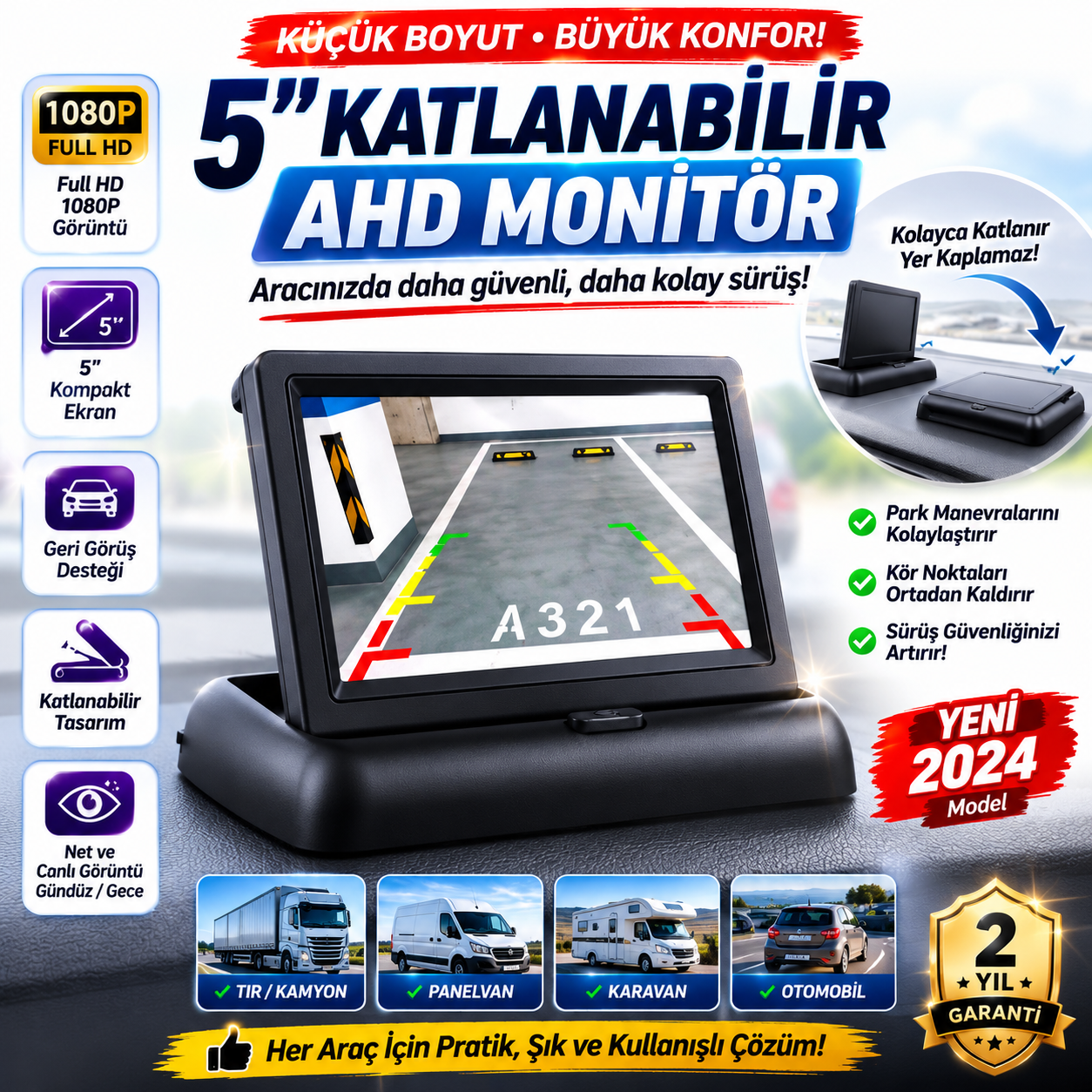 5" AHD KATLANABİLİR MONİTÖR 1080P/720P/ANALOG DESTEKLİ