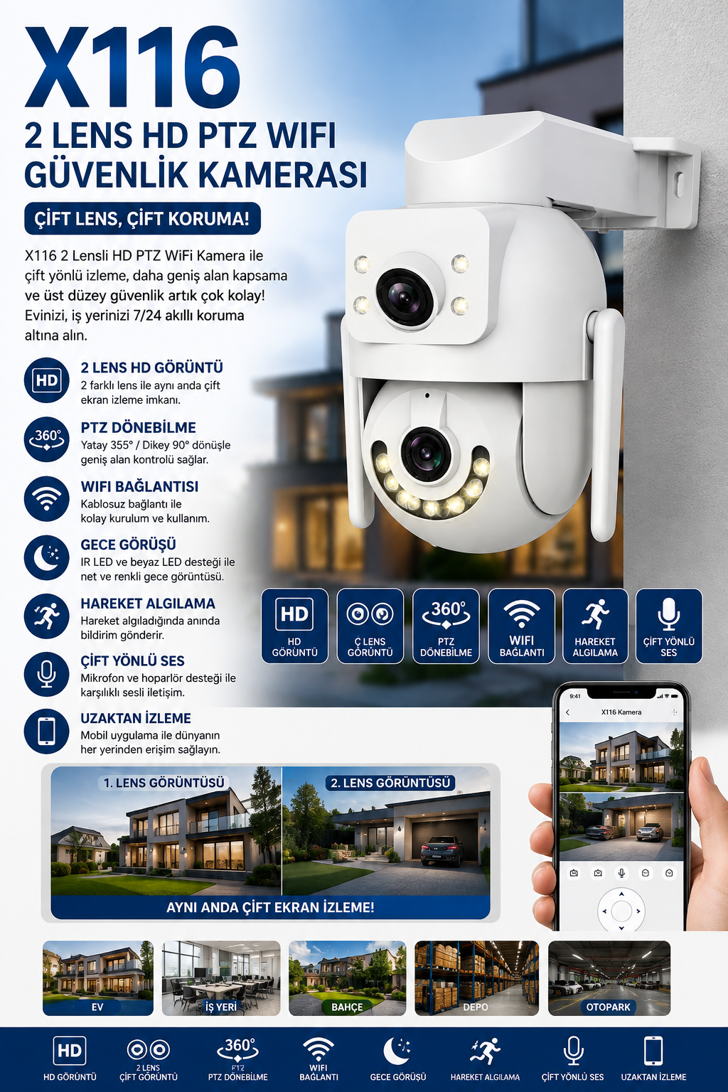 X116 2 LENS HD PTZ WIFI GÜVENLİK KAMERASI