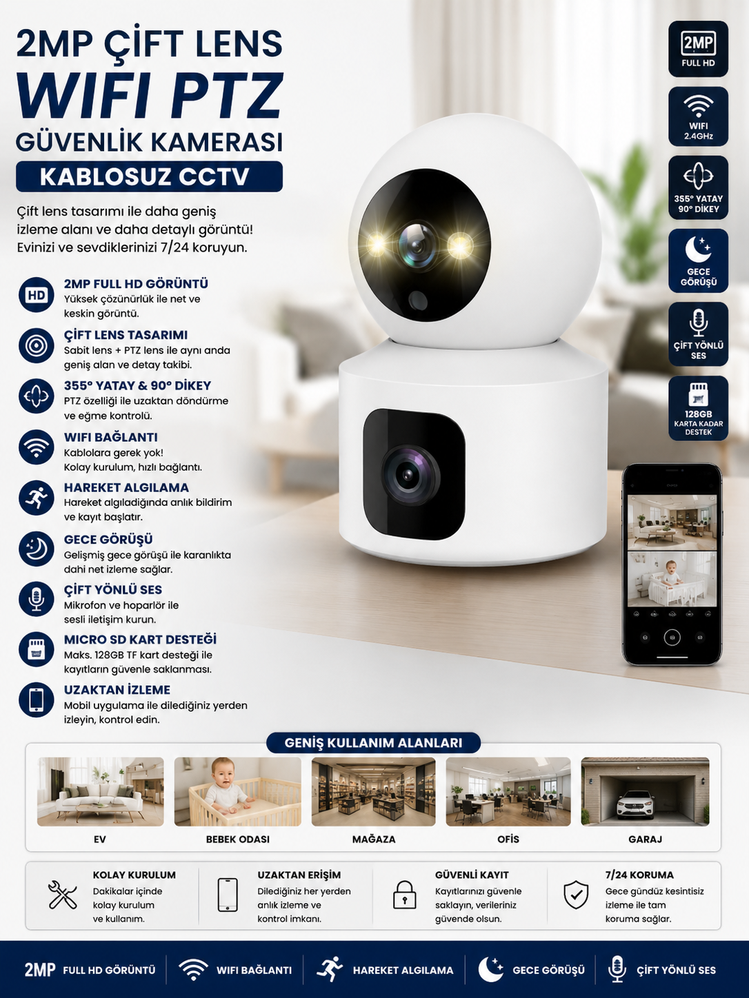 2MP ÇİFT LENS WIFI PTZ GÜVENLİK KAMERASI KABLOSUZ CCTV